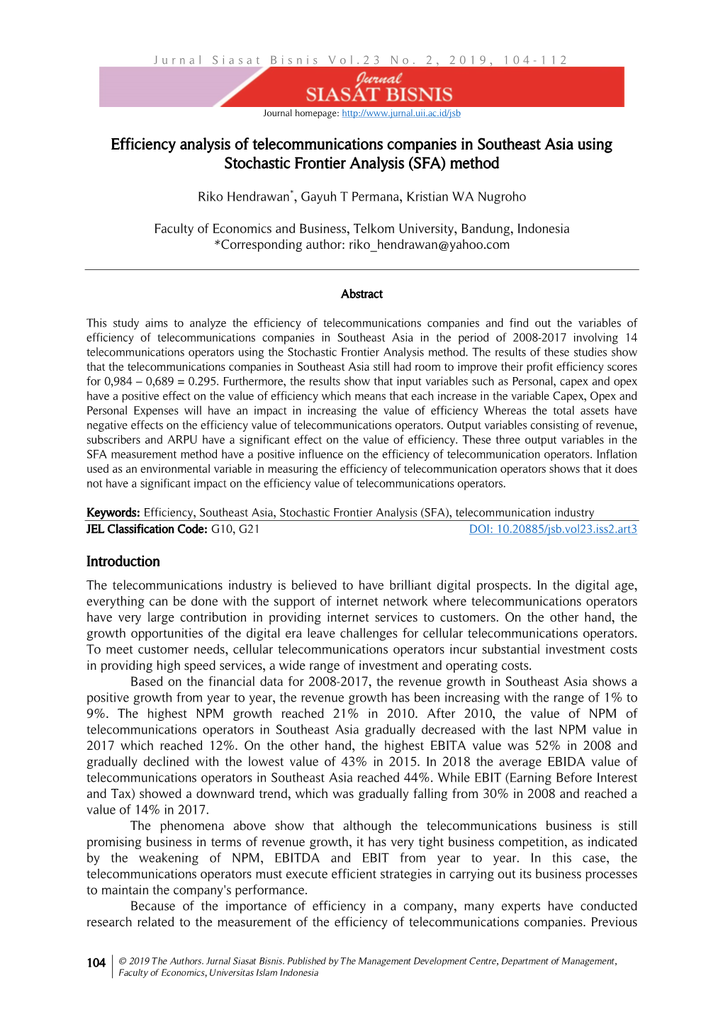 Efficiency Analysis of Telecommunications Companies in Southeast Asia Using Stochastic Frontier Analysis (SFA) Method