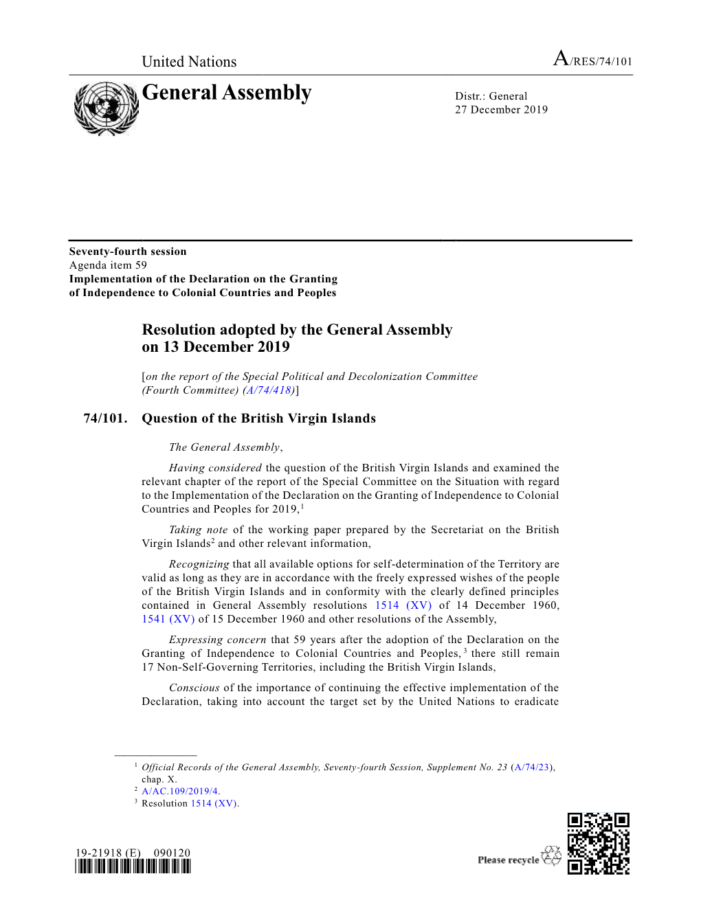 General Assembly Distr.: General 27 December 2019