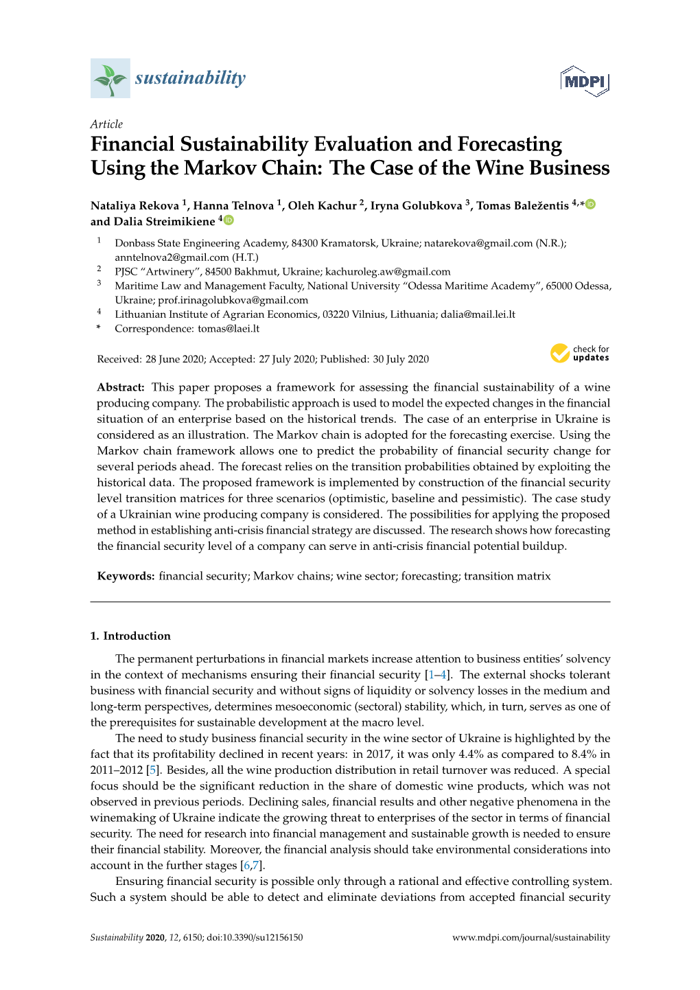 Financial Sustainability Evaluation and Forecasting Using the Markov Chain: the Case of the Wine Business