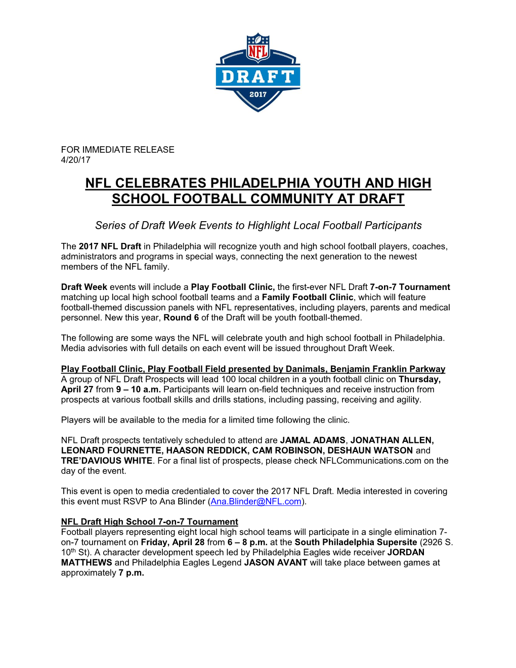 Nfl Celebrates Philadelphia Youth and High School Football Community at Draft