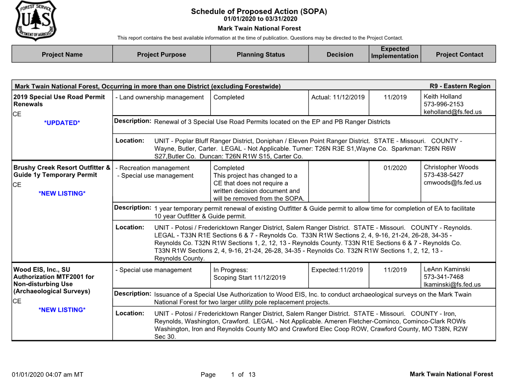 Schedule of Proposed Action (SOPA) 01/01/2020 to 03/31/2020 Mark Twain National Forest This Report Contains the Best Available Information at the Time of Publication