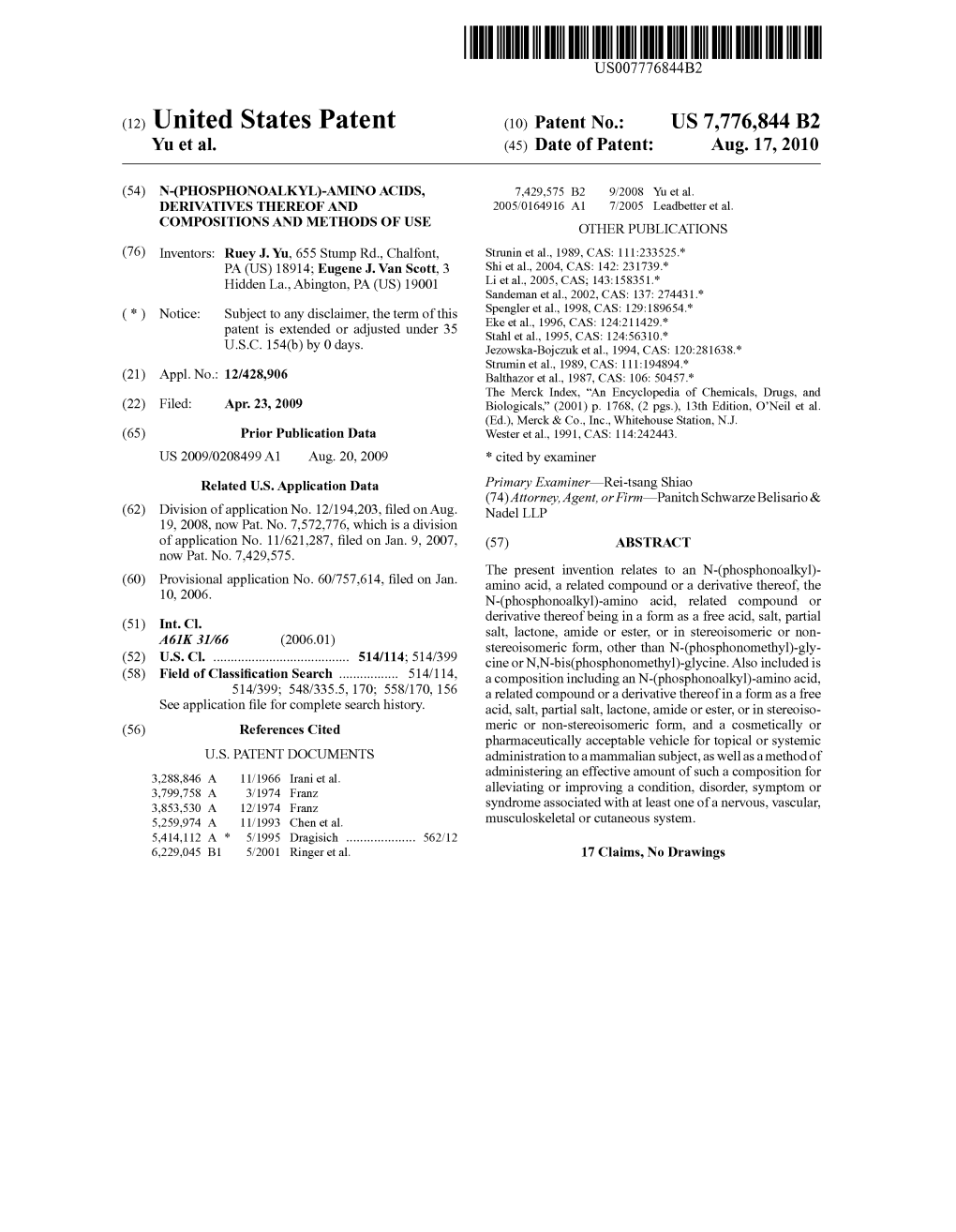 (12) United States Patent (10) Patent No.: US 7,776,844 B2 Yu Et Al