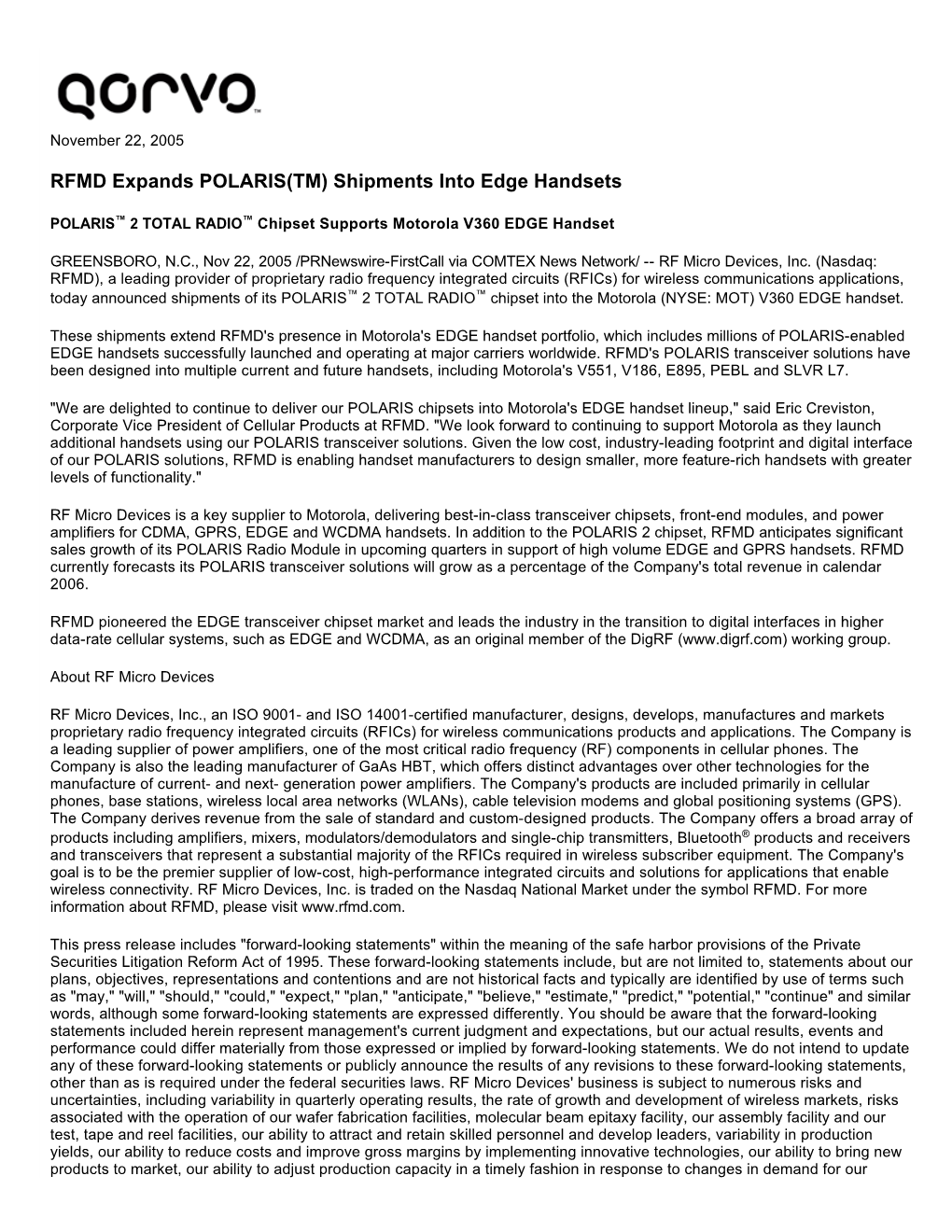 RFMD Expands POLARIS(TM) Shipments Into Edge Handsets