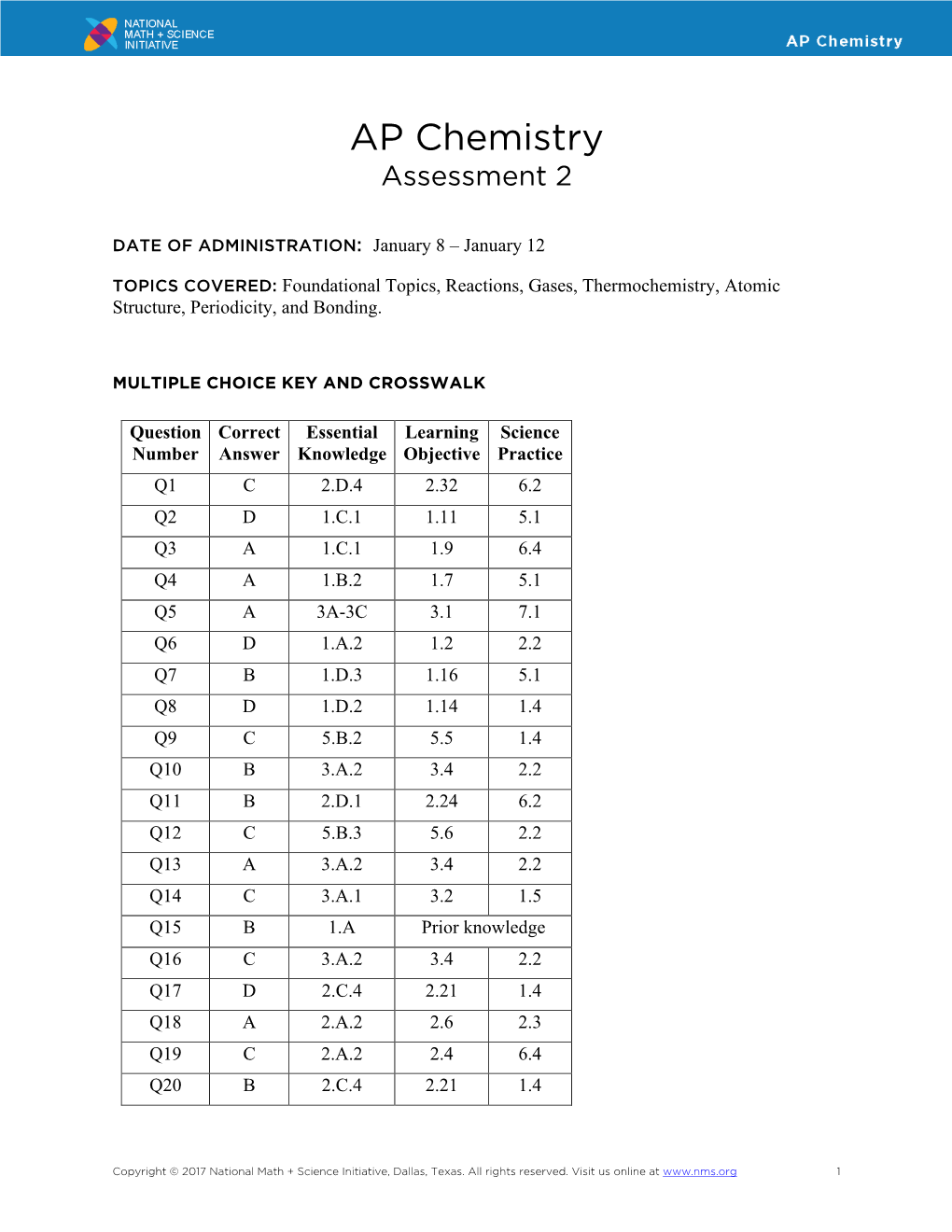 AP Chemistry Assessment 2