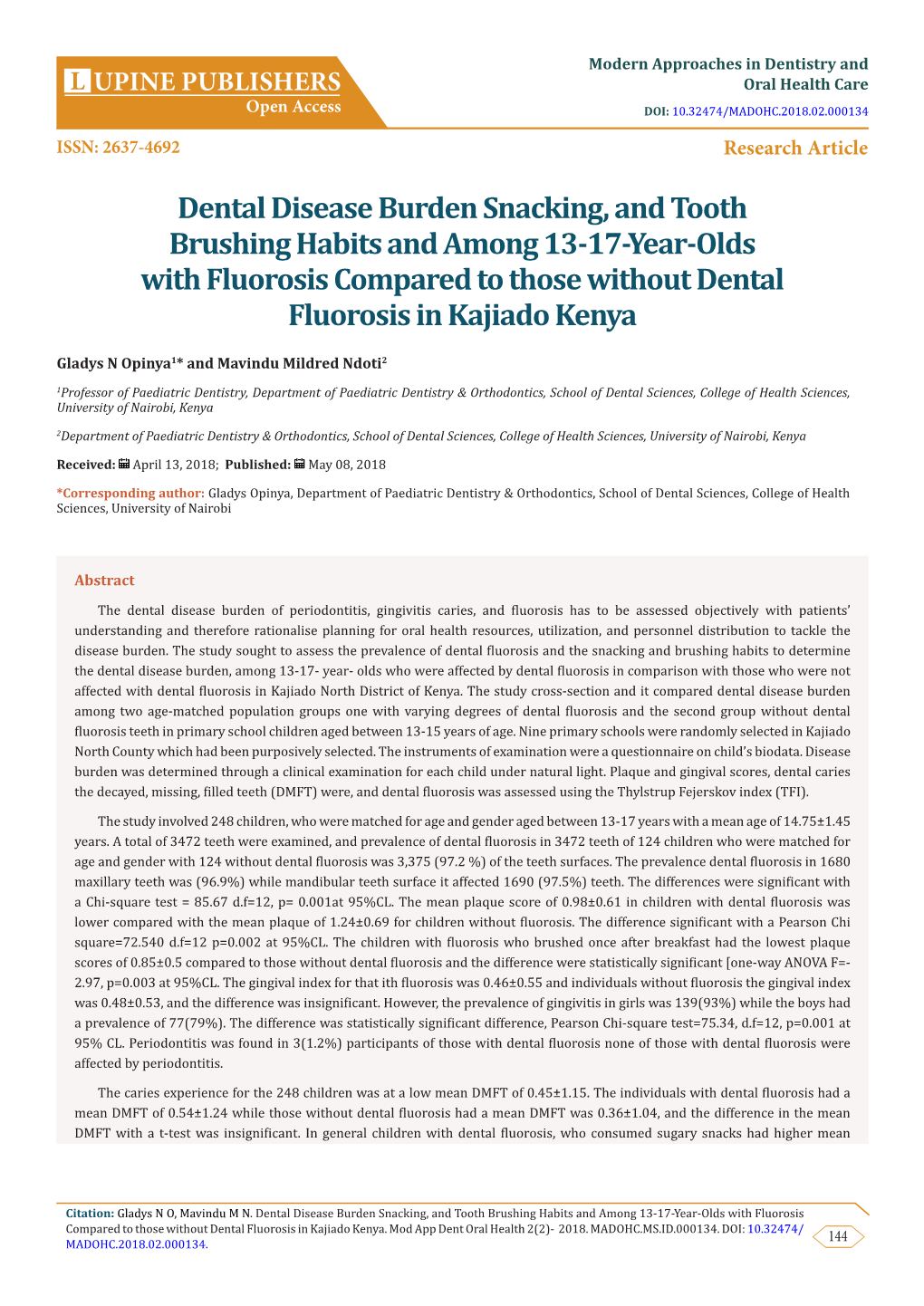 Dental Disease Burden Snacking, and Tooth Brushing Habits and Among 13-17-Year-Olds with Fluorosis Compared to Those Without Dental Fluorosis in Kajiado Kenya