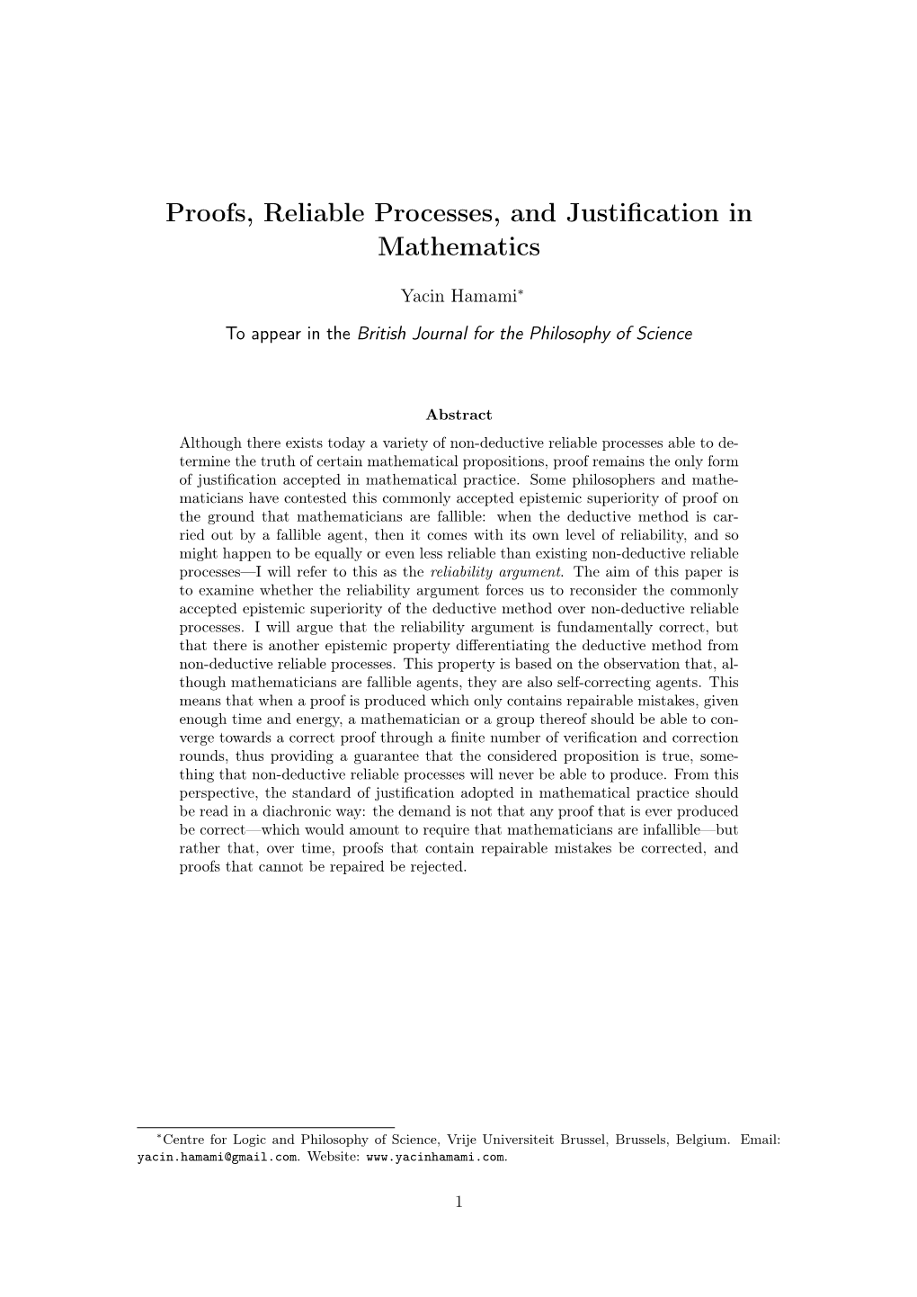 Proofs, Reliable Processes, and Justification in Mathematics