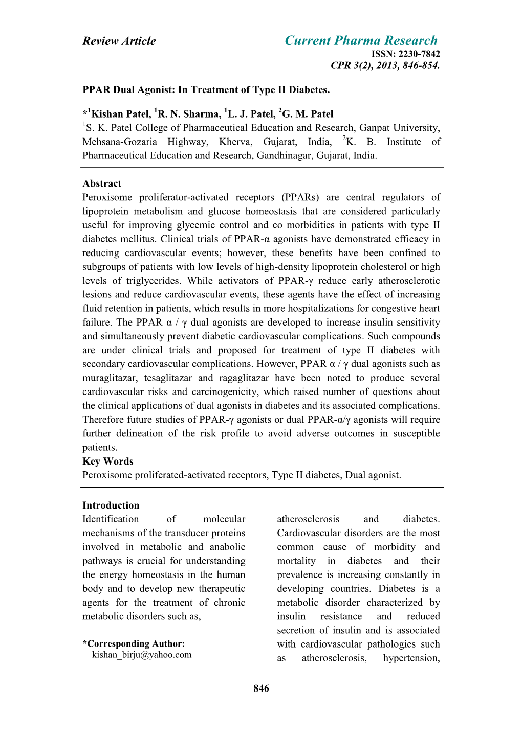 Current Pharma Research ISSN: 2230-7842 CPR 3(2), 2013, 846-854