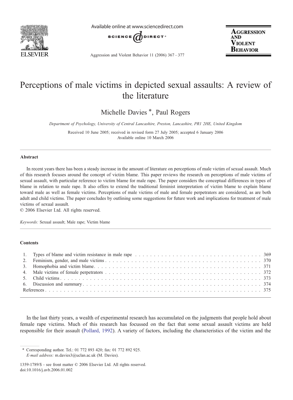 Perceptions of Male Victims in Depicted Sexual Assaults: a Review of the Literature