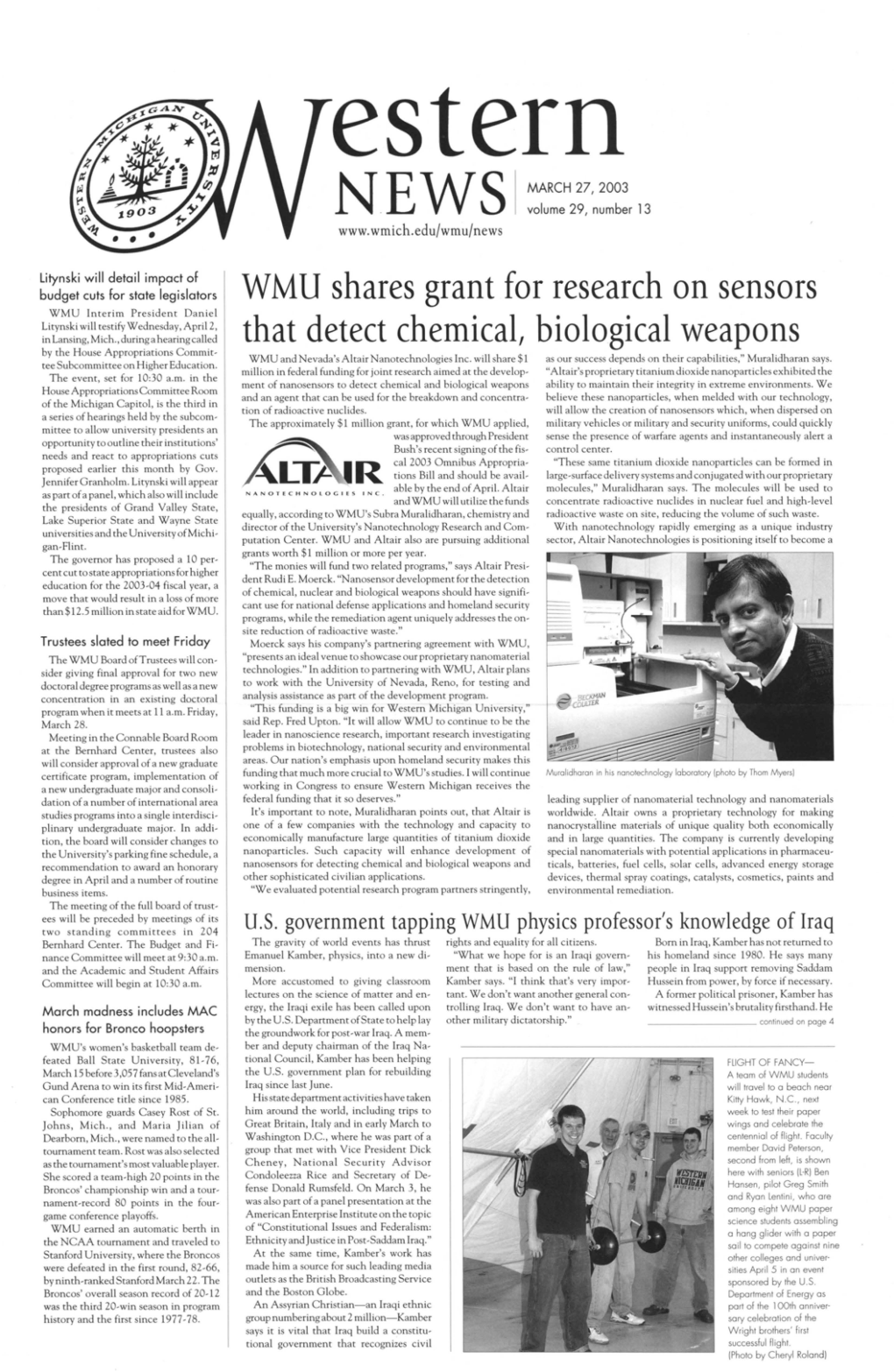 WMU Shares Grant for Research on Sensors That Detect Chemical, Biological Weapons