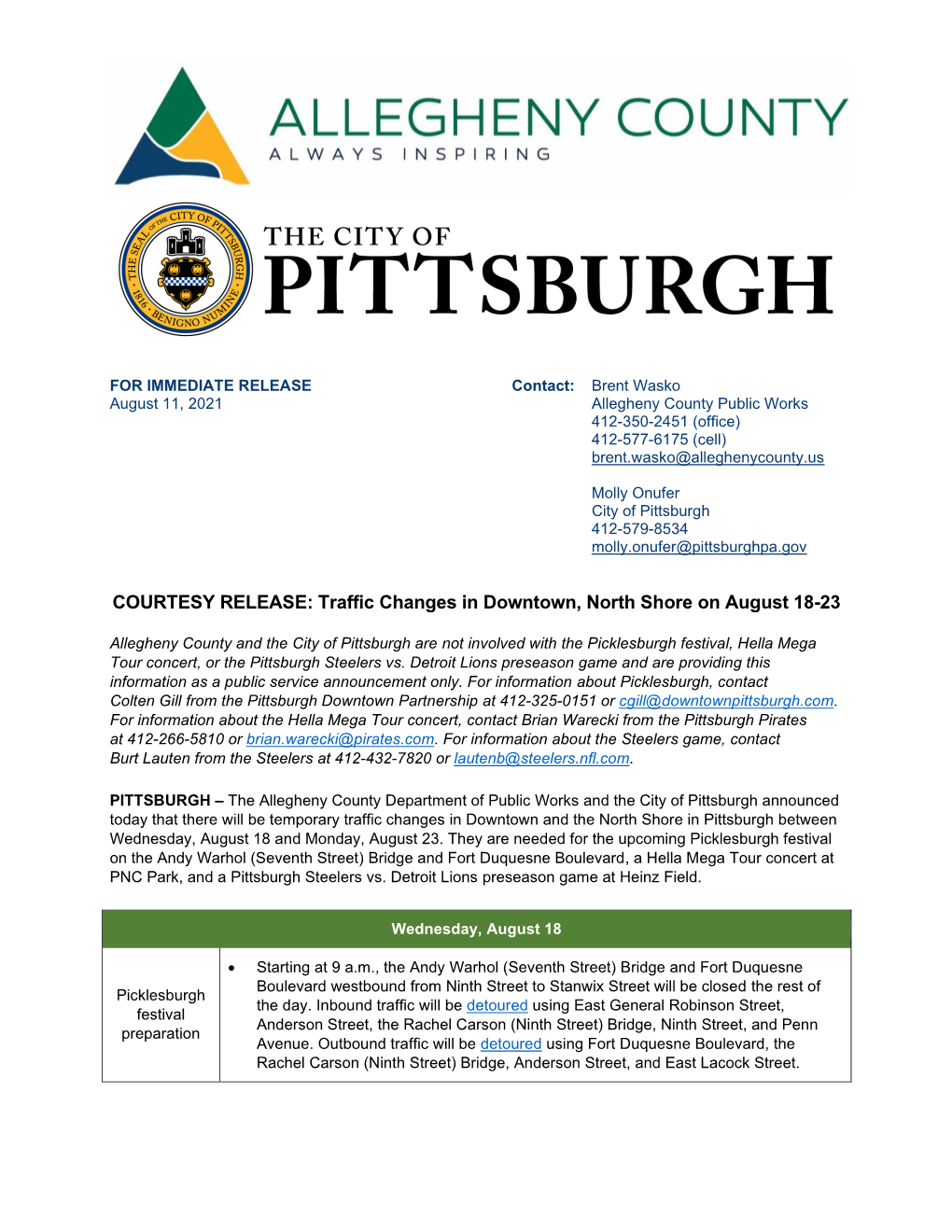 Traffic Changes in Downtown, North Shore on August 18-23