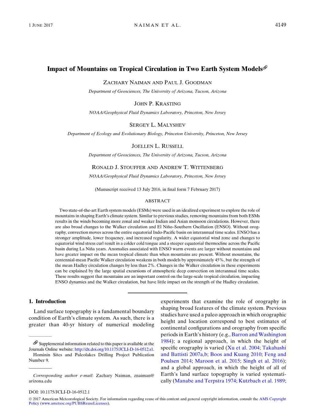 Impact of Mountains on Tropical Circulation in Two Earth System Models