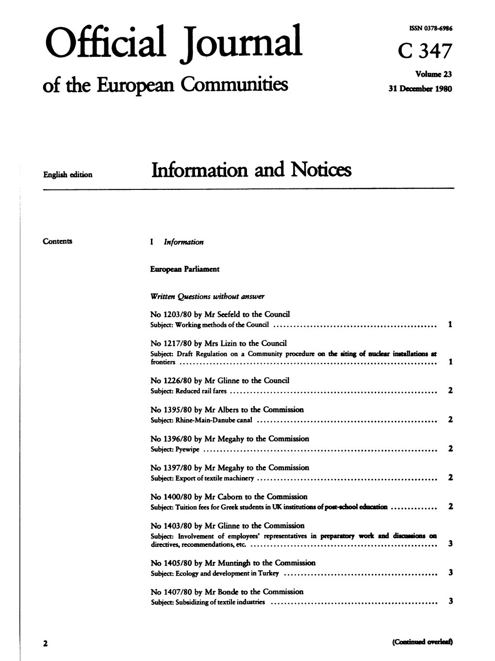 Official Journal C 347 Volume 23 of Die European Communities 31 December 1980