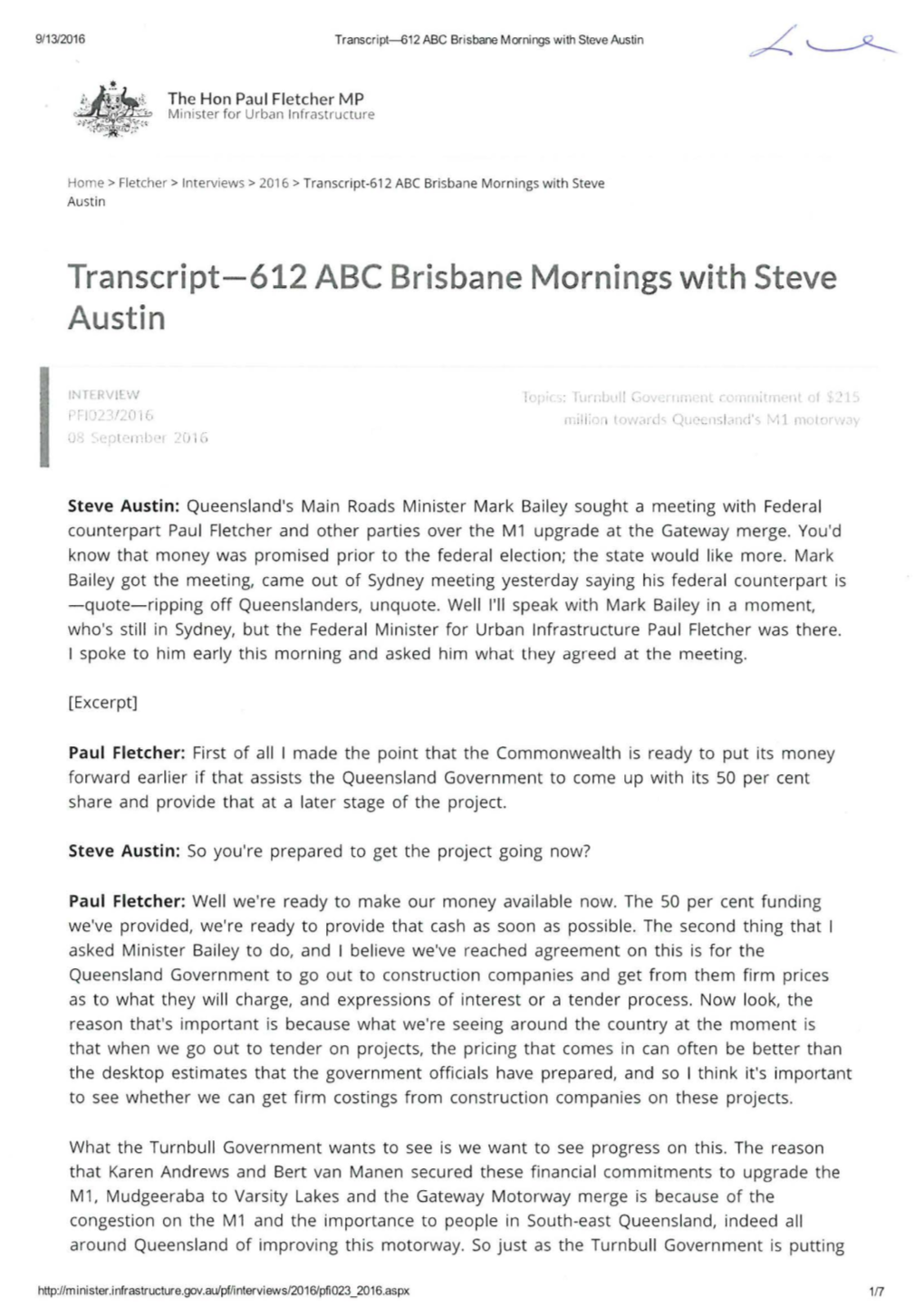 Transcript-612 ABC Brisbane Mornings with Steve Austin