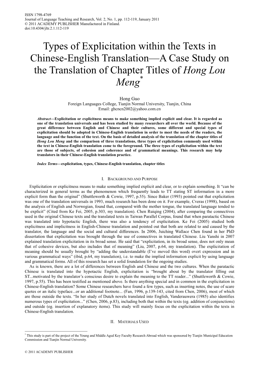 Types of Explicitation Within the Texts in Chinese-English Translation—A Case Study on the Translation of Chapter Titles of Hong Lou Meng*