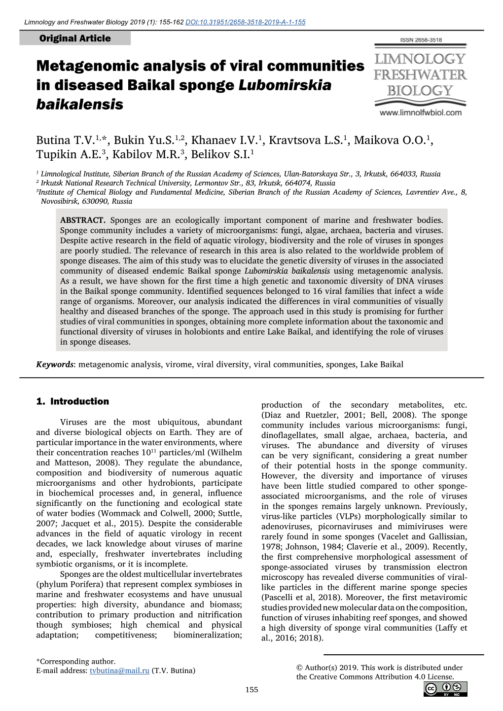 Metagenomic Analysis of Viral Communities in Diseased Baikal Sponge Lubomirskia Baikalensis