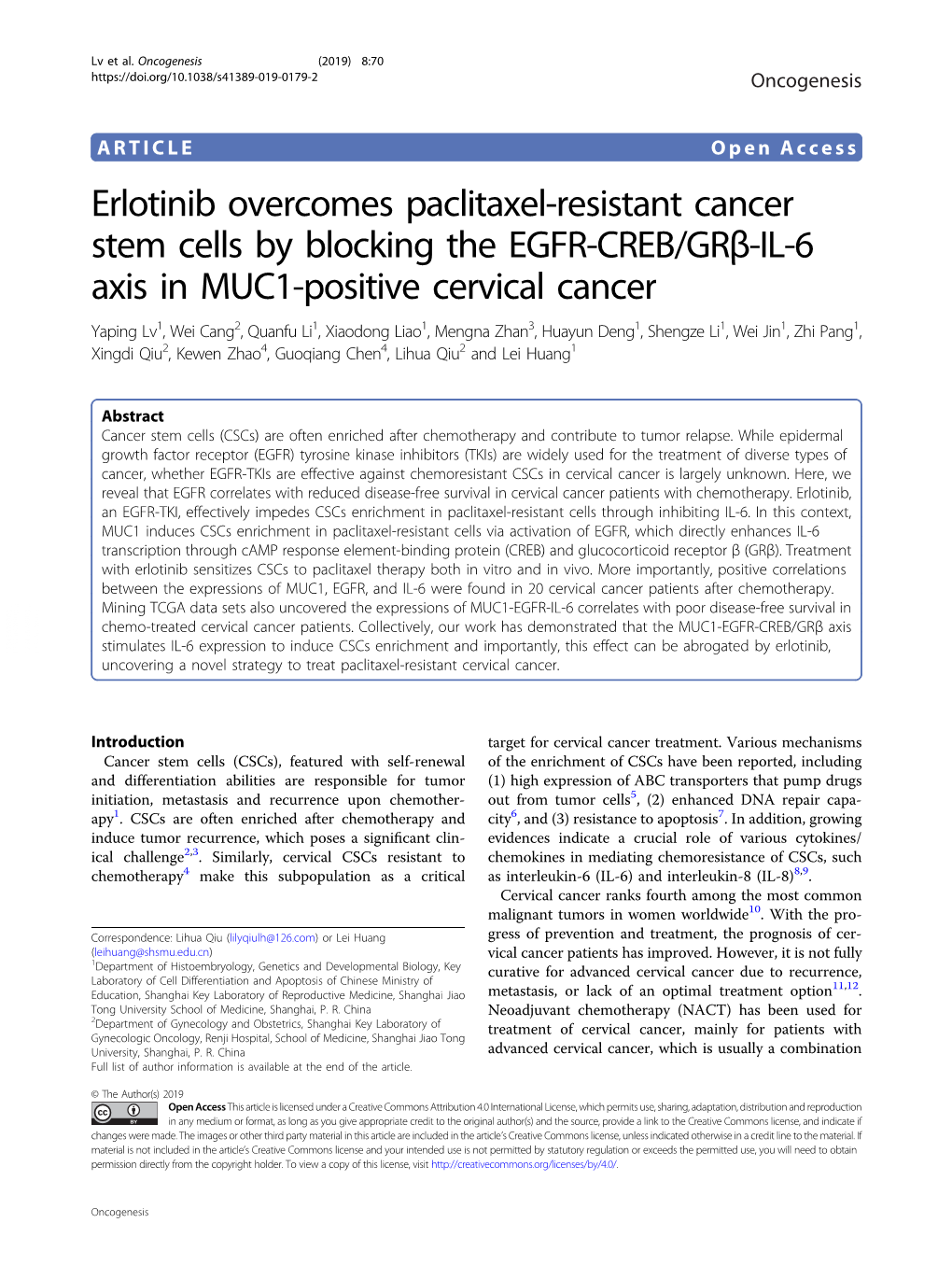 Erlotinib Overcomes Paclitaxel-Resistant Cancer Stem