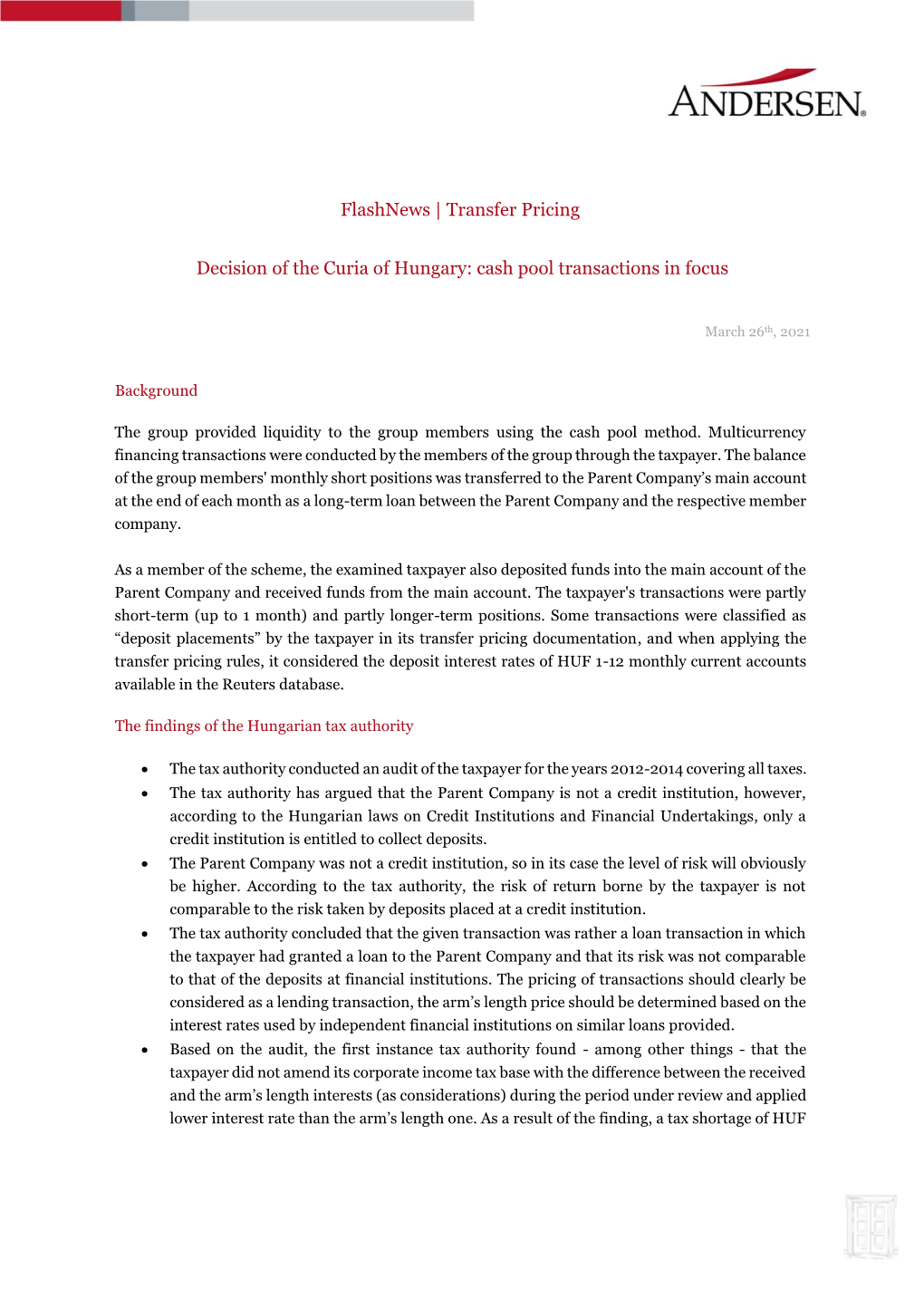 Flashnews | Transfer Pricing Decision of the Curia of Hungary: Cash Pool