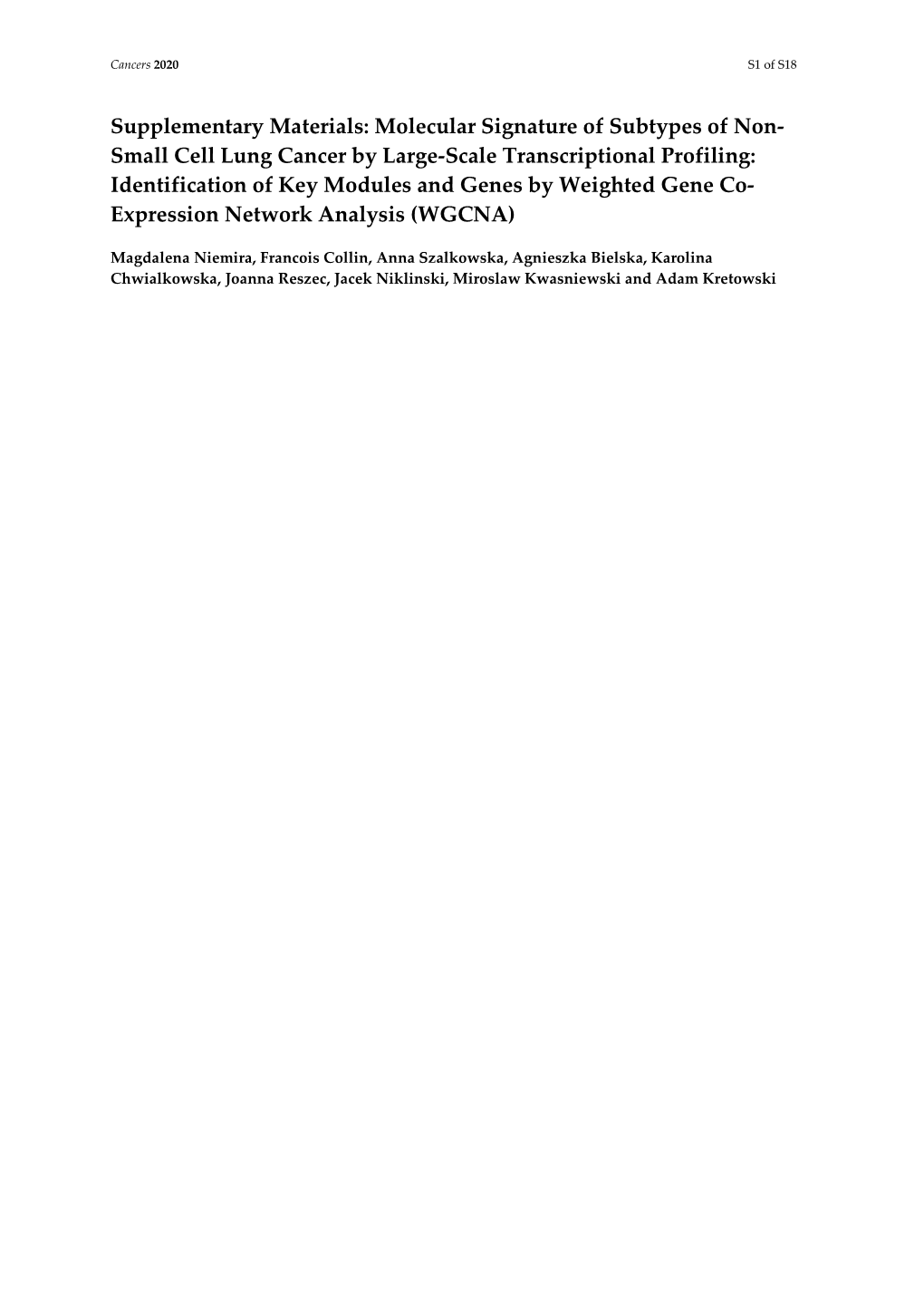 Supplementary Materials: Molecular Signature of Subtypes of Non- Small Cell Lung Cancer by Large-Scale Transcriptional Profiling