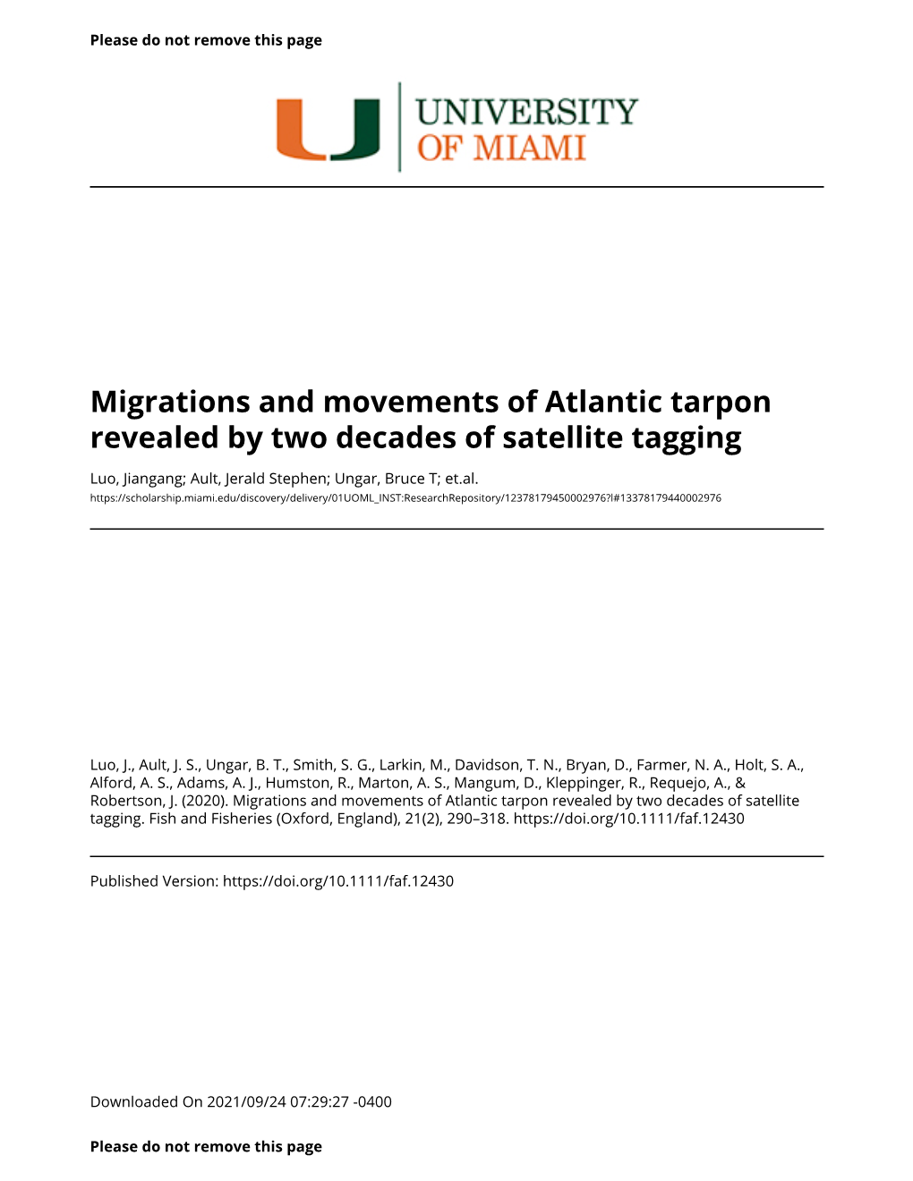 Migrations and Movements of Atlantic Tarpon Revealed by Two Decades of Satellite Tagging