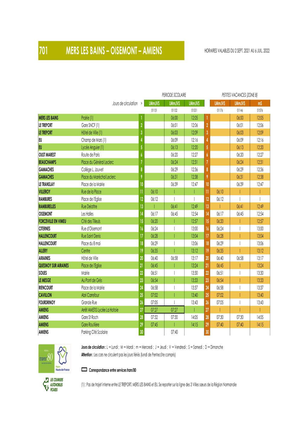 Oisemont – Amiens Horaires Valables Du 2 Sept