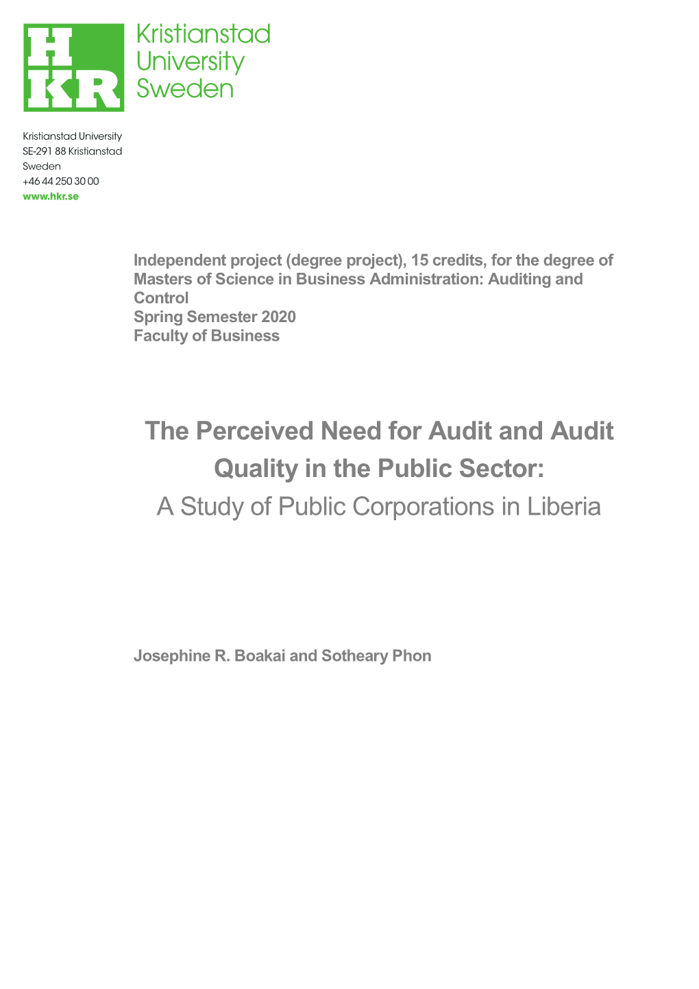 The Perceived Need for Audit and Audit Quality in the Public Sector: a Study of Public Corporations in Liberia