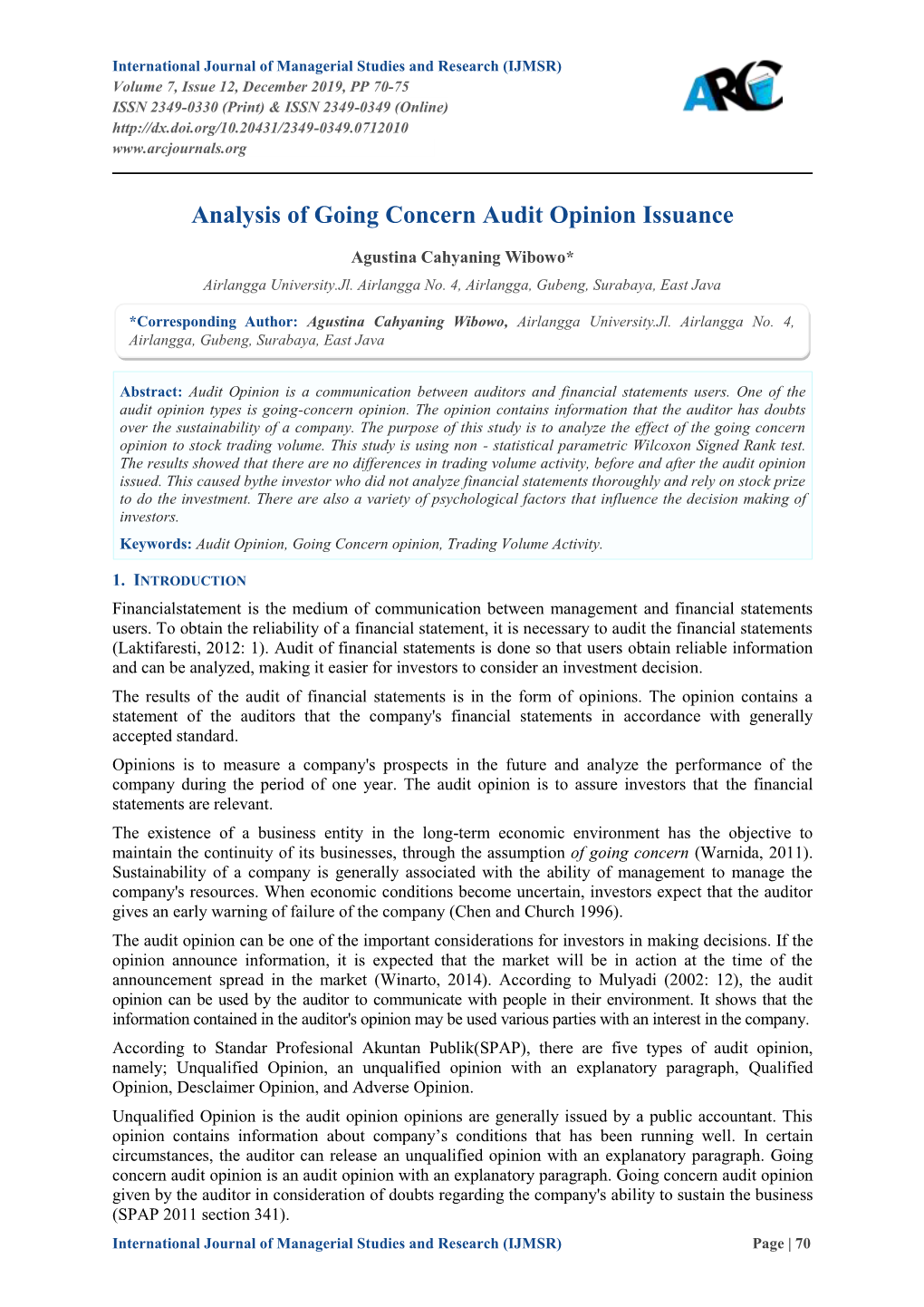 Analysis of Going Concern Audit Opinion Issuance