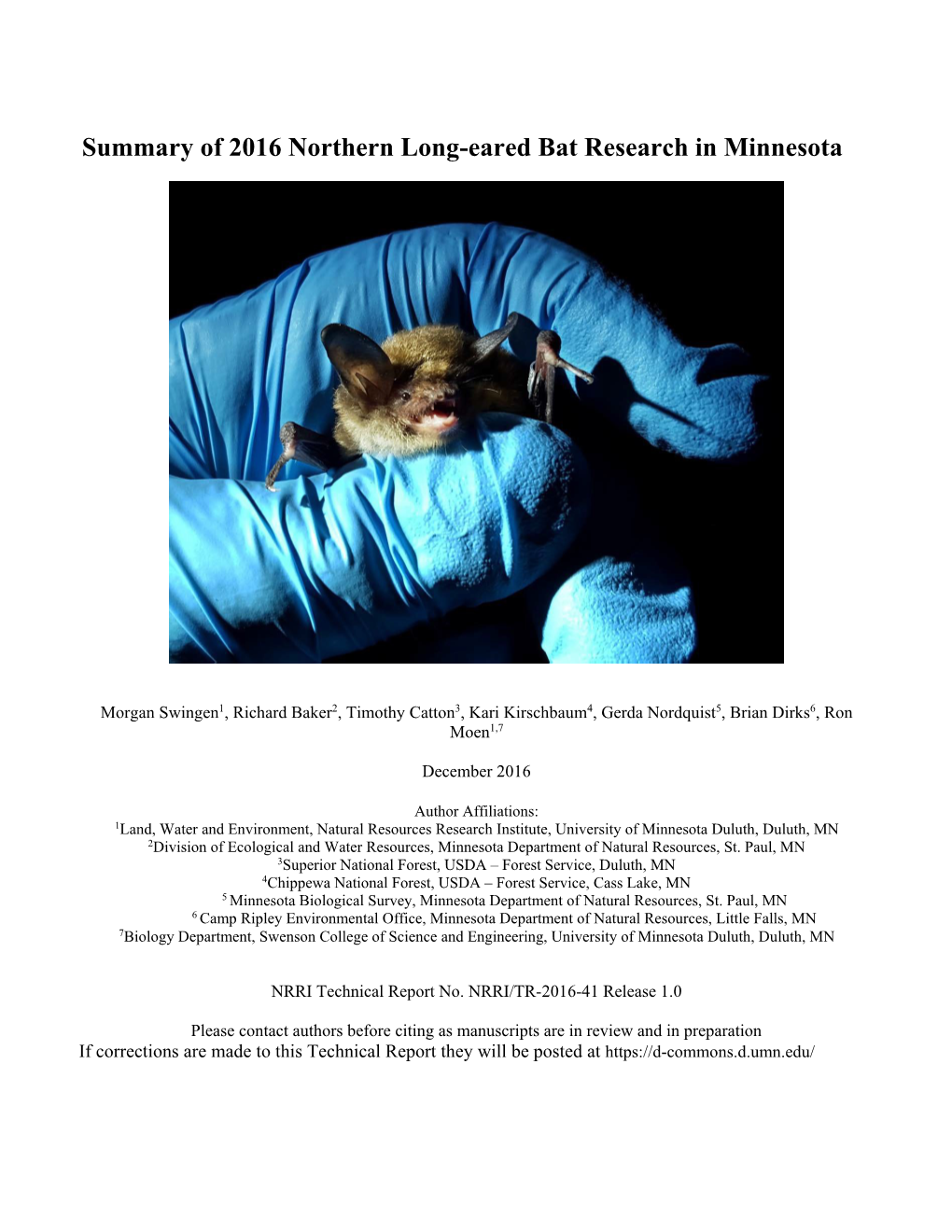 Summary of 2016 Northern Long-Eared Bat Research in Minnesota