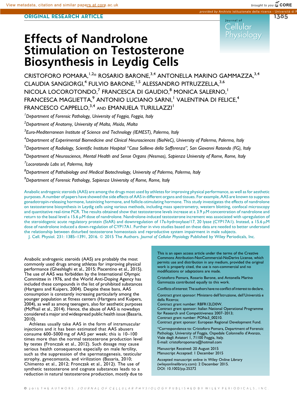 Effects of Nandrolone Stimulation on Testosterone Biosynthesis