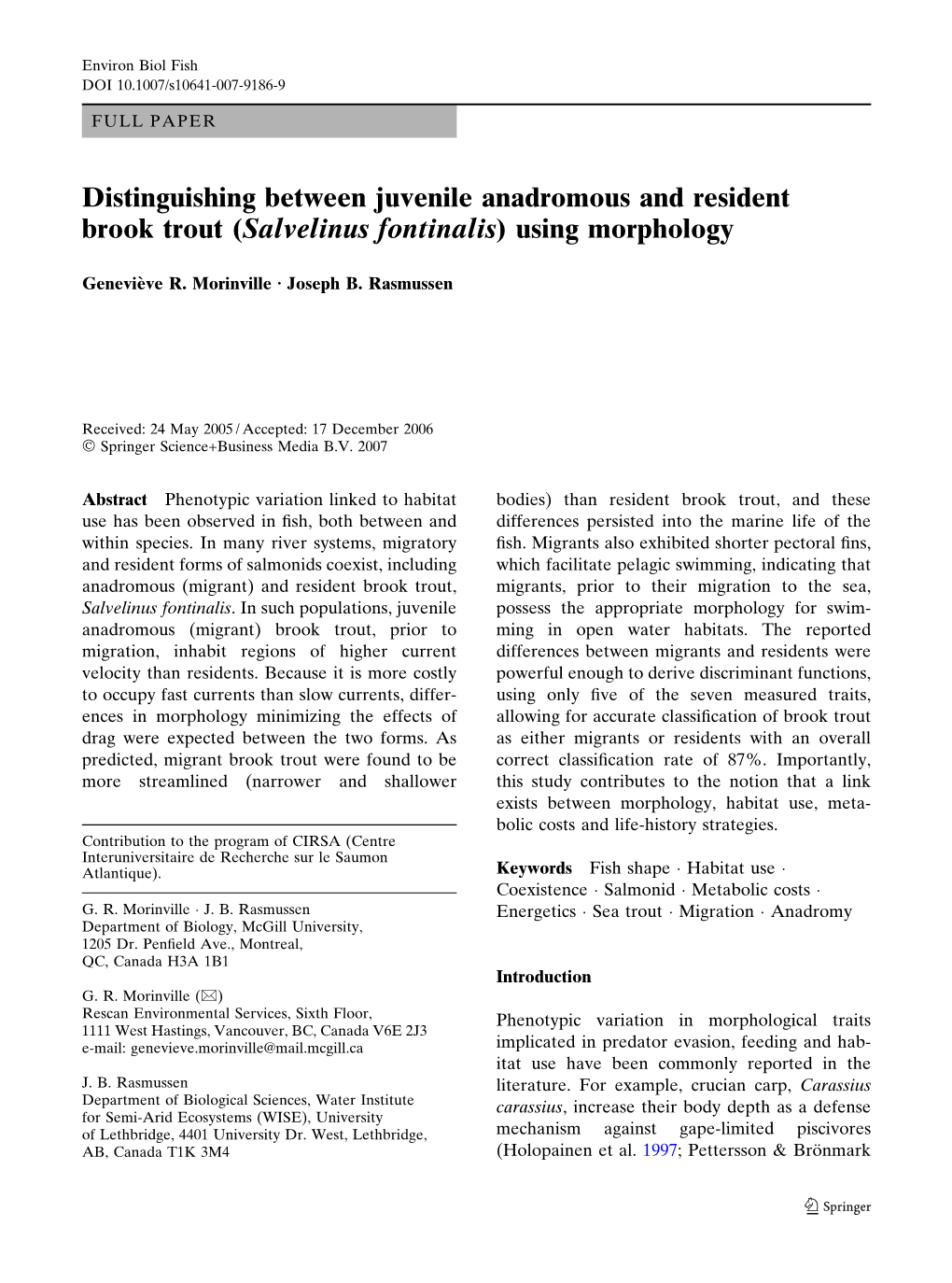 Distinguishing Between Juvenile Anadromous and Resident Brook Trout (Salvelinus Fontinalis) Using Morphology