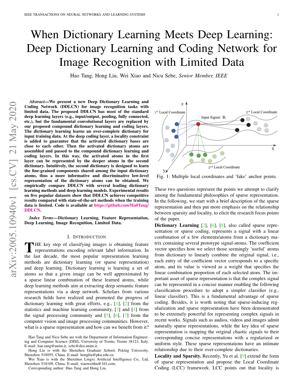 Deep Dictionary Learning and Coding Network for Image Recognition with Limited Data Hao Tang, Hong Liu, Wei Xiao and Nicu Sebe, Senior Member, IEEE