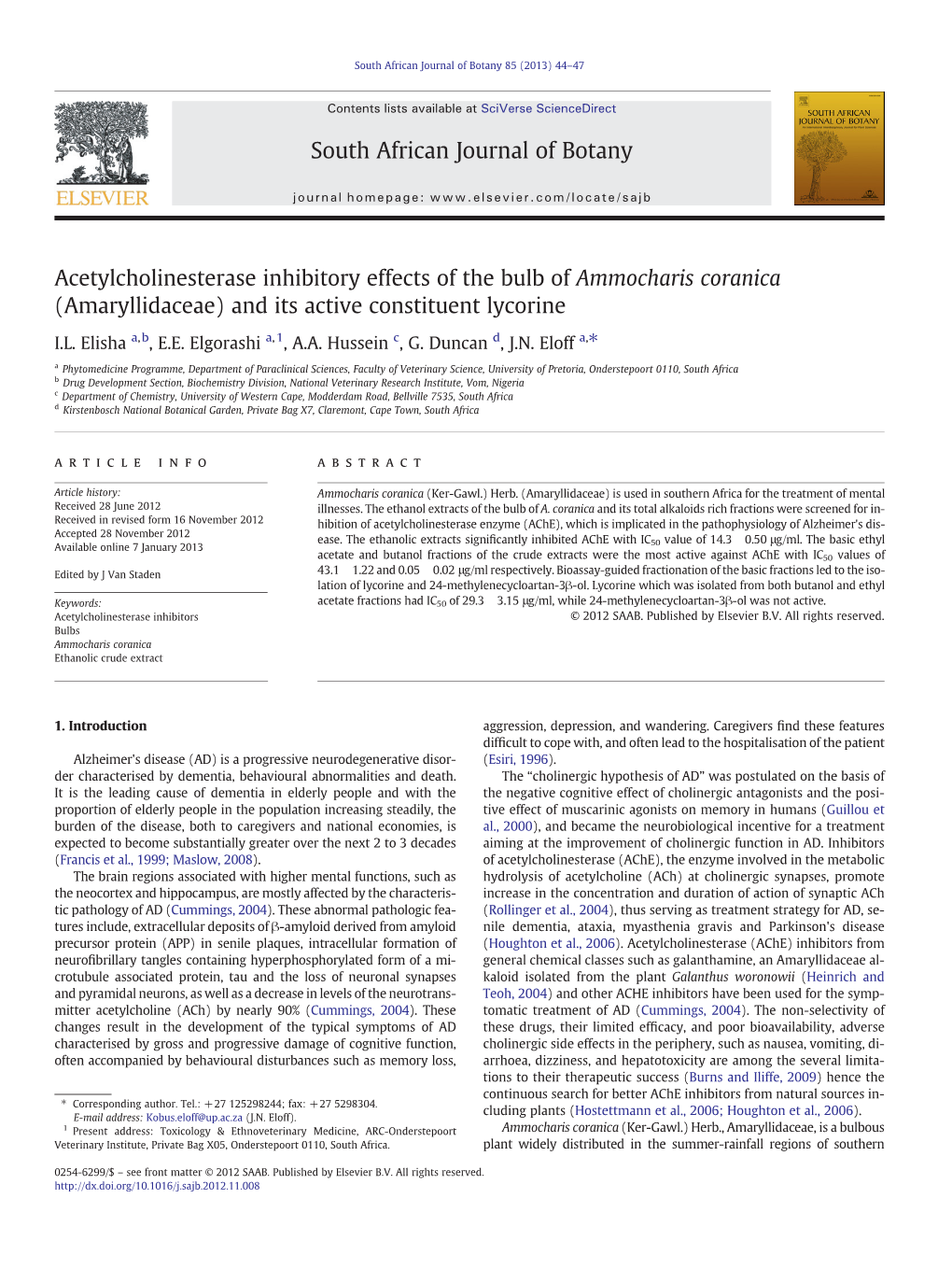 Acetylcholinesterase Inhibitory Effects of the Bulb of Ammocharis Coranica (Amaryllidaceae) and Its Active Constituent Lycorine