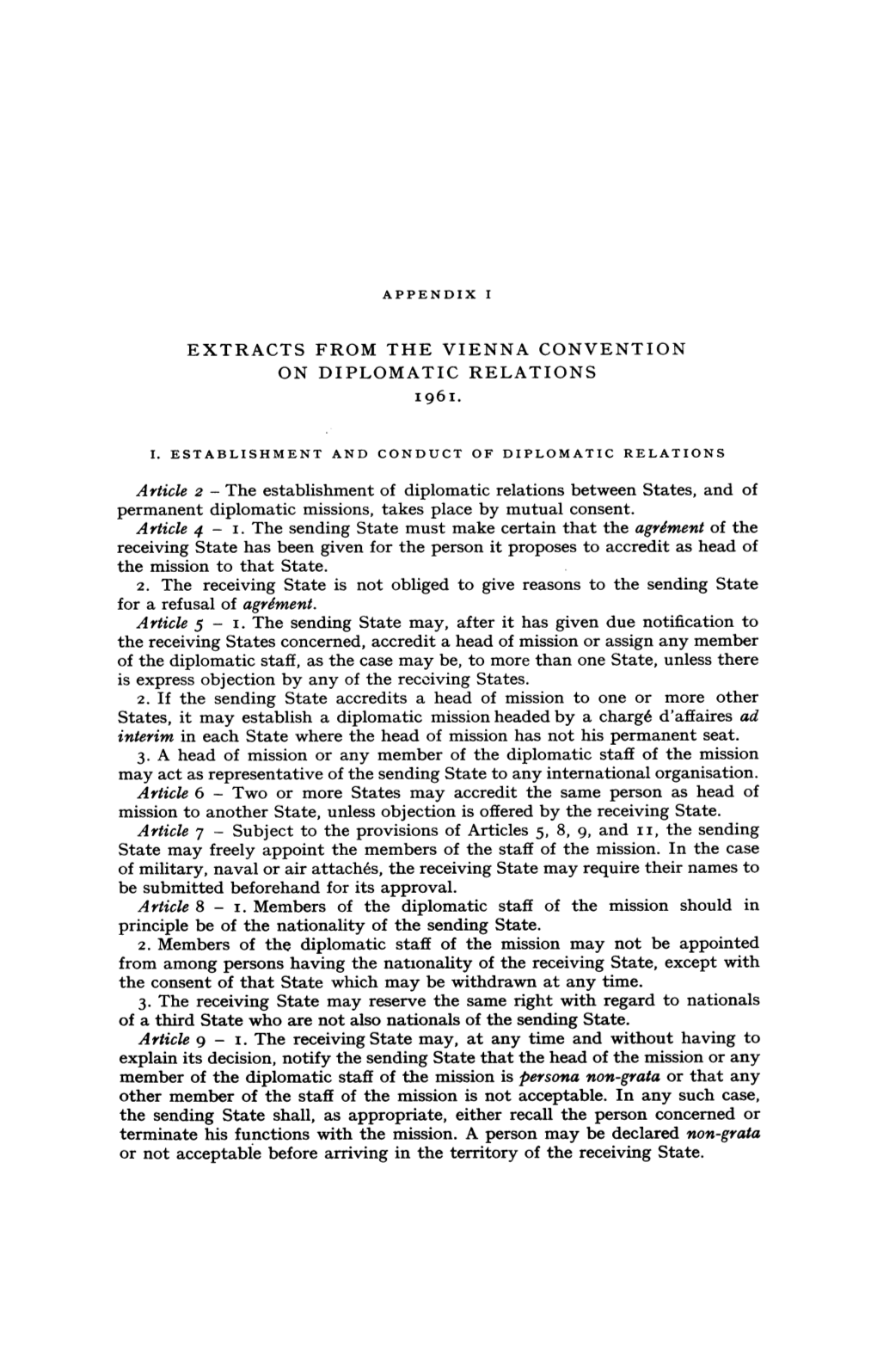 Extracts from the Vienna Convention on Diplomatic Relations 196 1