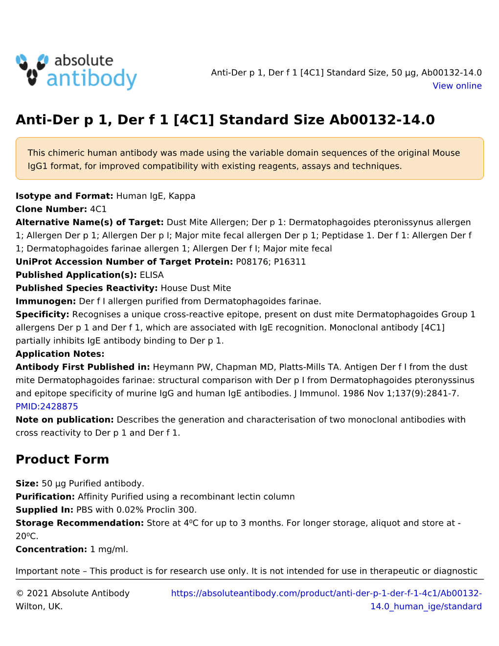 Anti-Der P 1, Der F 1 [4C1] Standard Size Ab00132-14.0