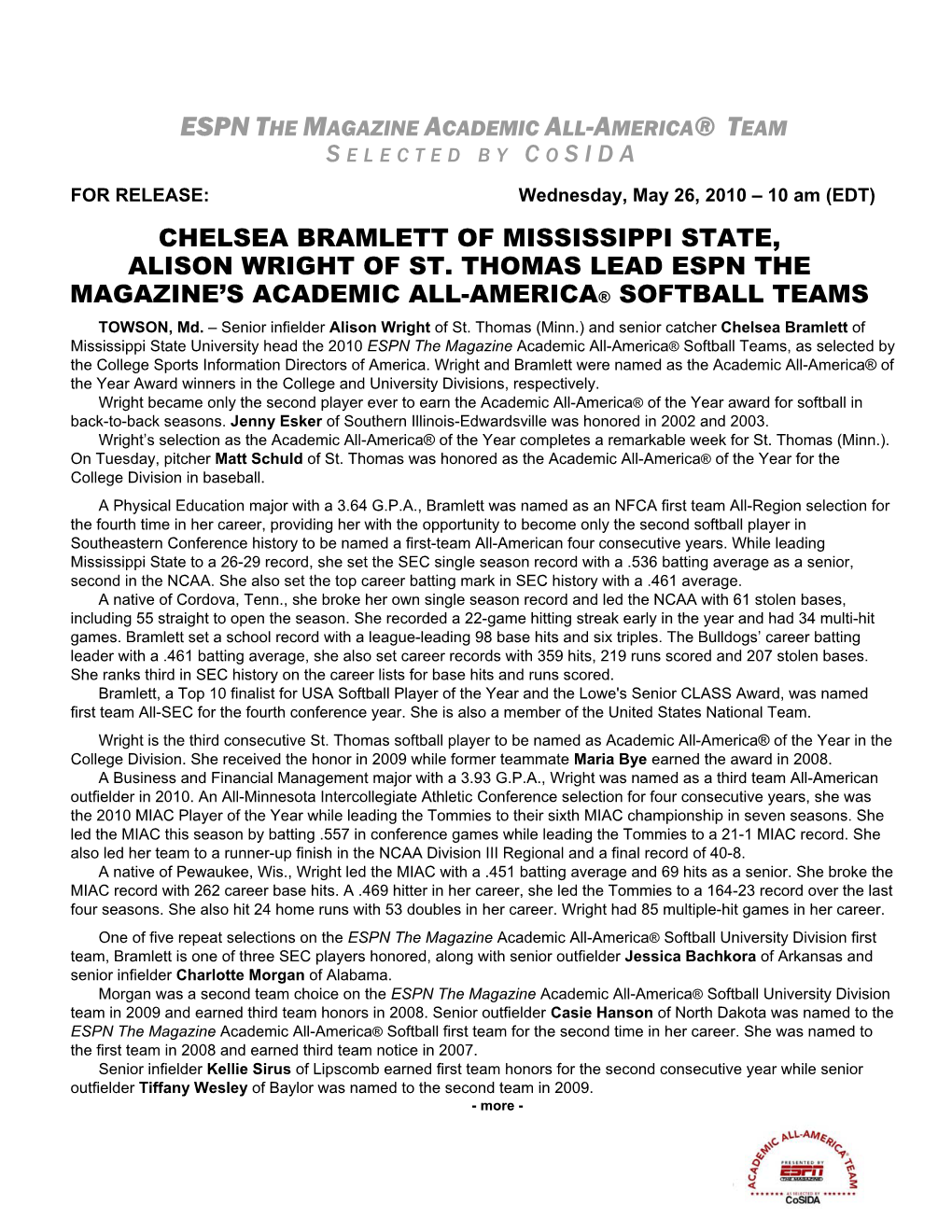 2010 Softball Academic All-America® Teams