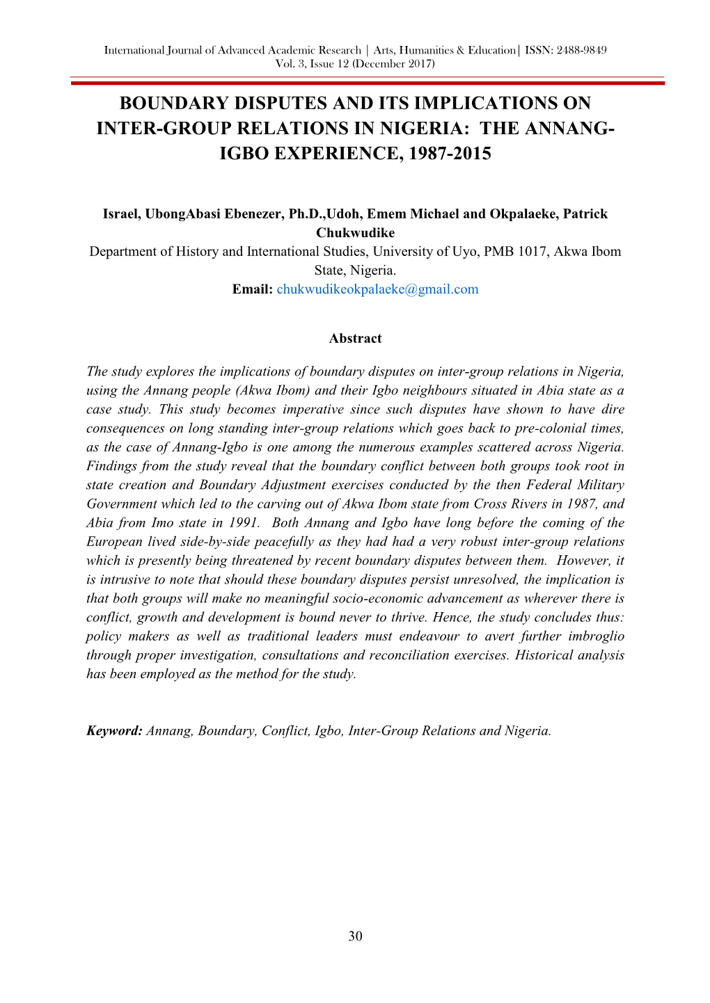 Boundary Disputes and Its Implications on Inter-Group Relations in Nigeria: the Annang- Igbo Experience, 1987-2015