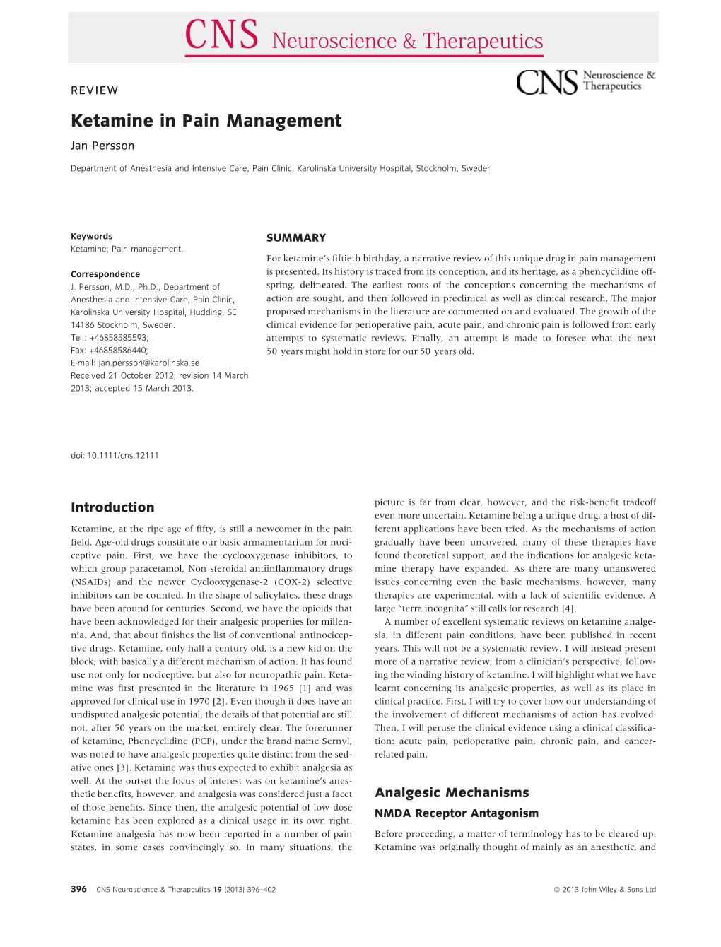 Ketamine in Pain Management Jan Persson