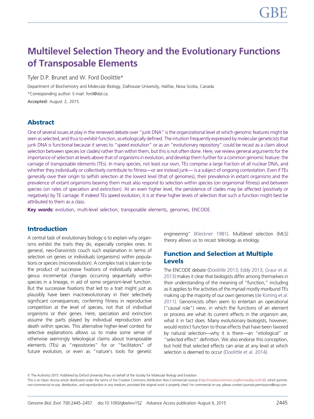 Multilevel Selection Theory and the Evolutionary Functions of Transposable Elements