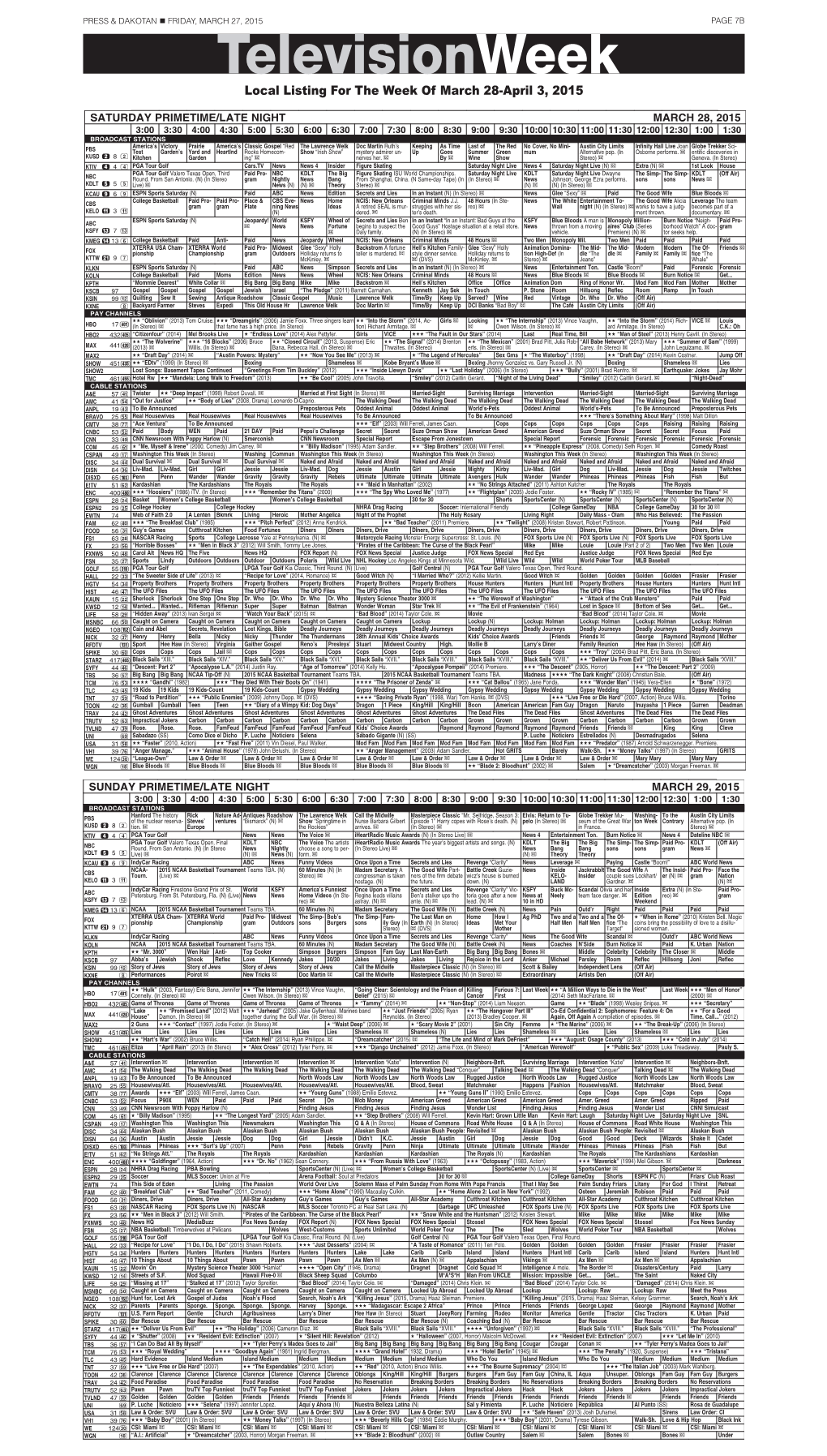 Televisionweek Local Listing for the Week of March 28-April 3, 2015