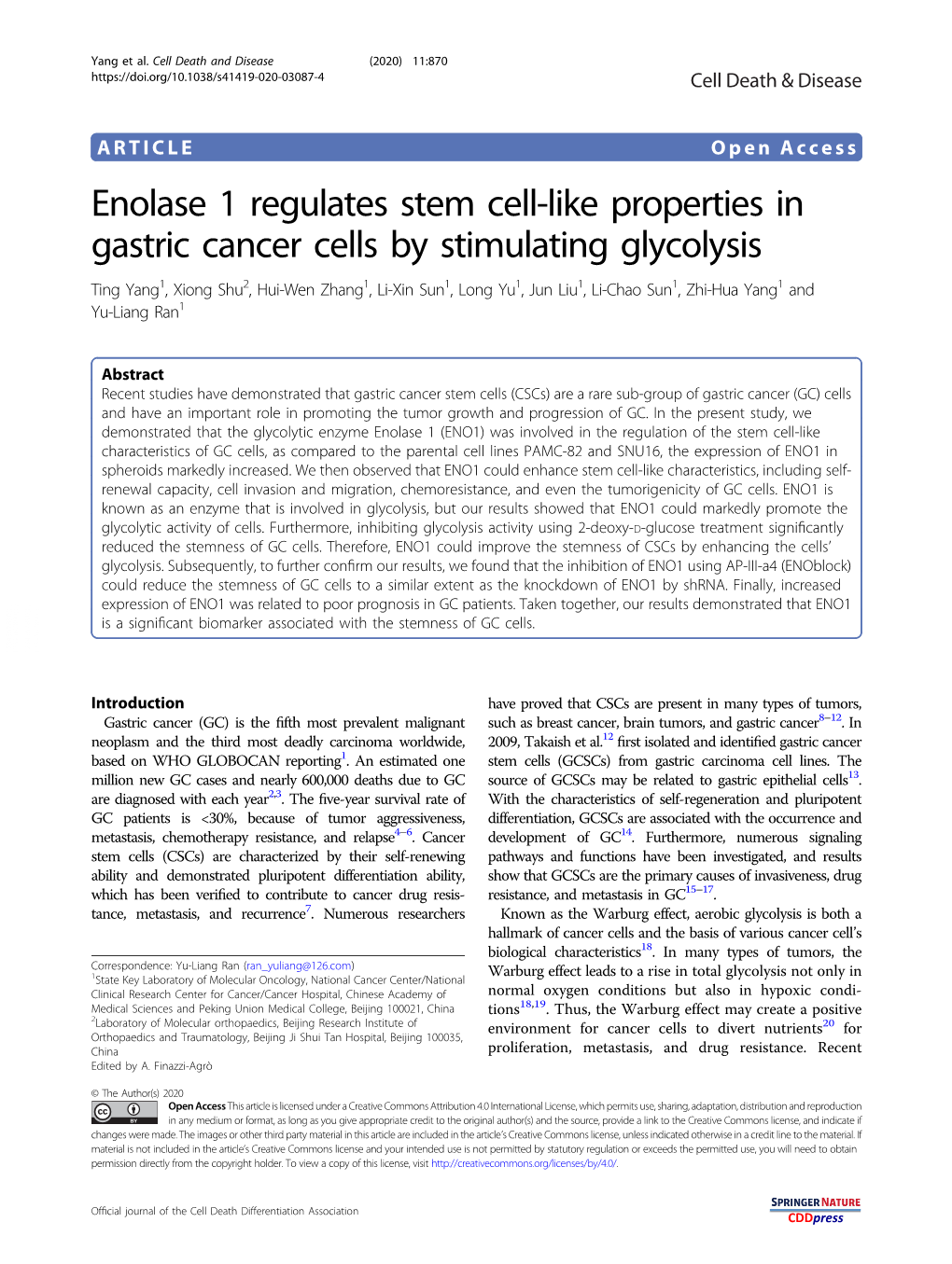 Enolase 1 Regulates Stem Cell-Like Properties in Gastric Cancer Cells by Stimulating Glycolysis