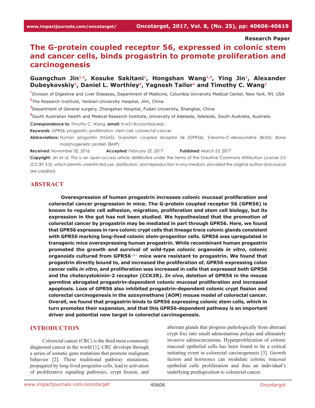 The G-Protein Coupled Receptor 56, Expressed in Colonic Stem and Cancer Cells, Binds Progastrin to Promote Proliferation and Carcinogenesis