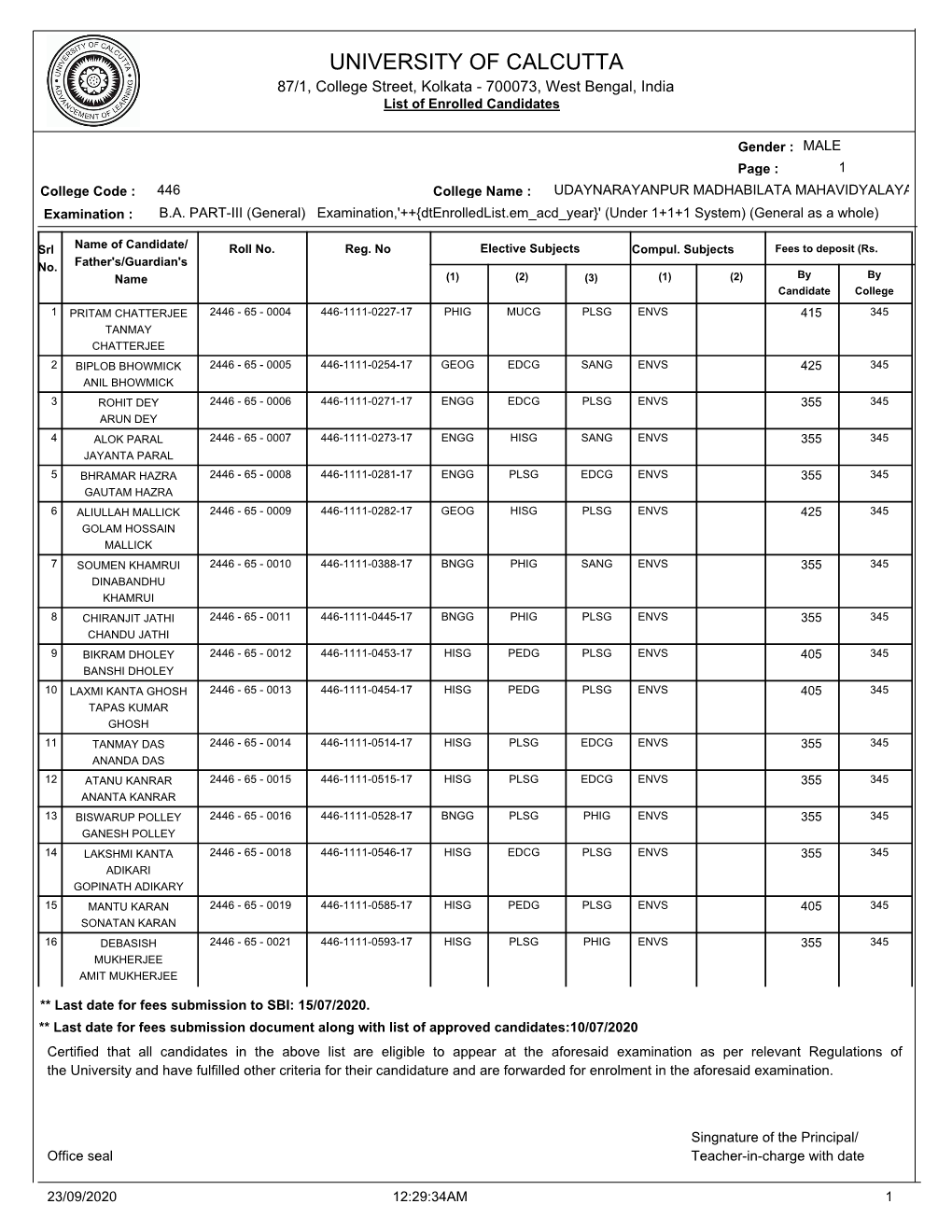 UNIVERSITY of CALCUTTA 87/1, College Street, Kolkata - 700073, West Bengal, India List of Enrolled Candidates