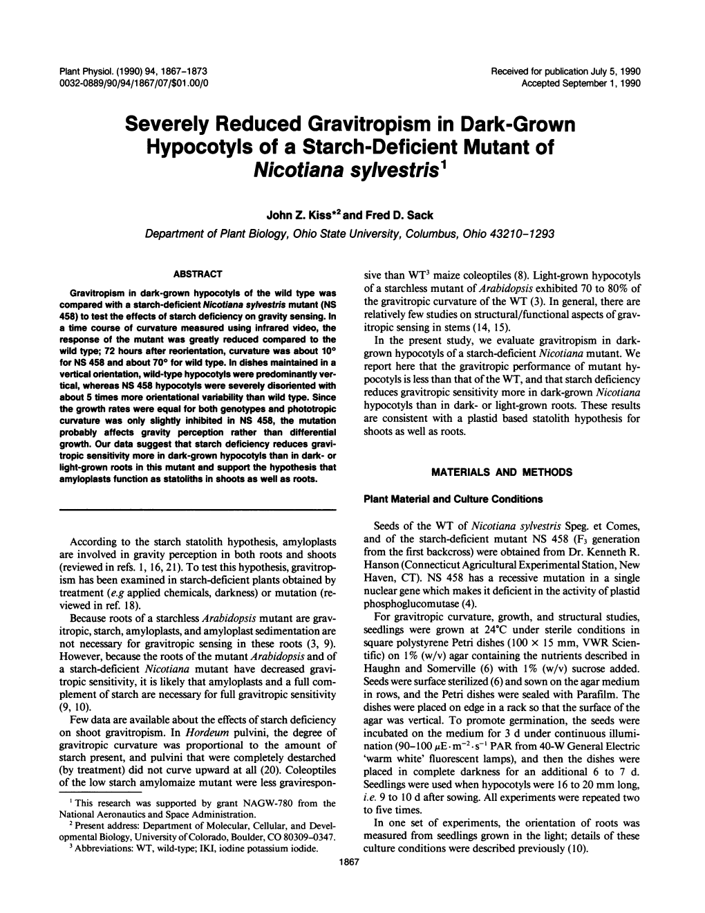 Severely Reduced Gravitropism in Dark-Grown Hypocotyls of a Starch-Deficient Mutant of Nicotiana Sylvestris'