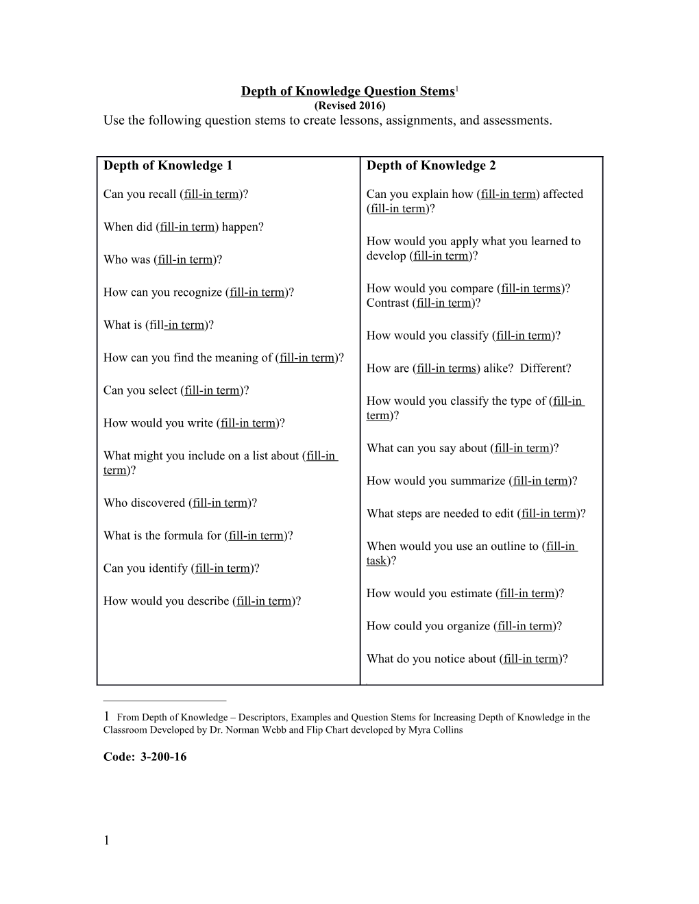 Depth of Knowledge Question Stems 1