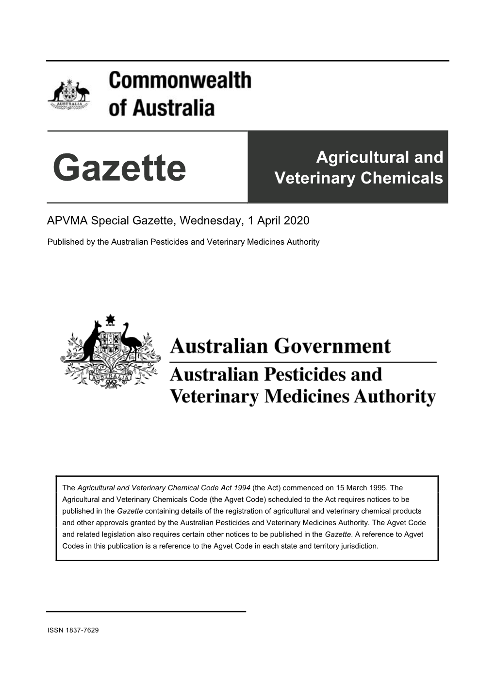 APVMA Special Gazette 1 April 2020