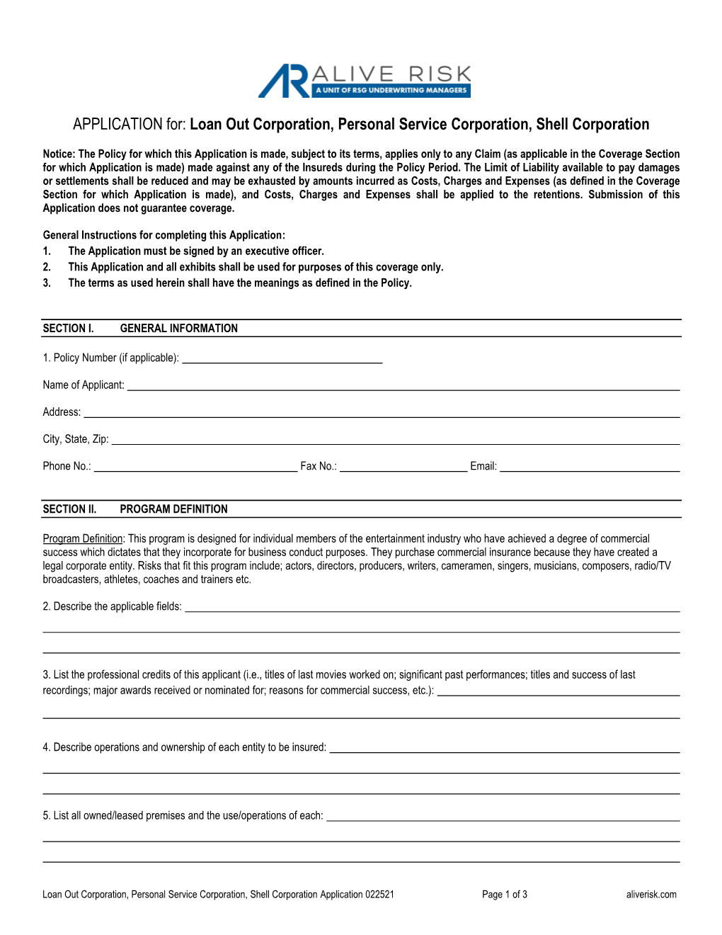 Loan Out, Personal Service, Shell Corporation Insurance Application