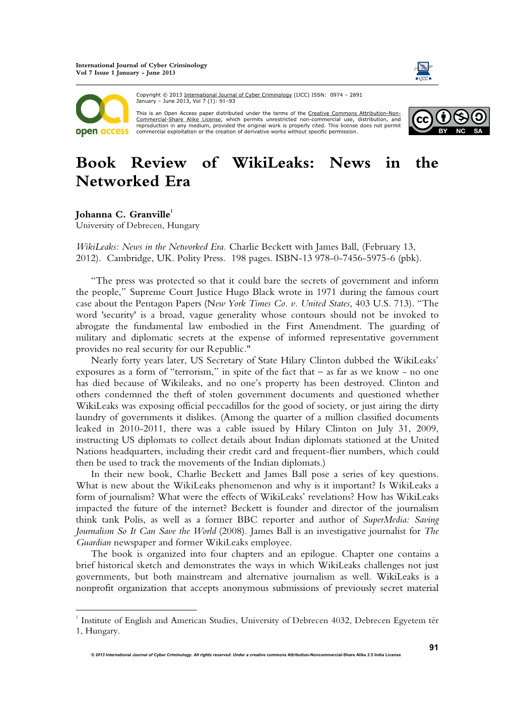 Book Review of Wikileaks: News in the Networked Era