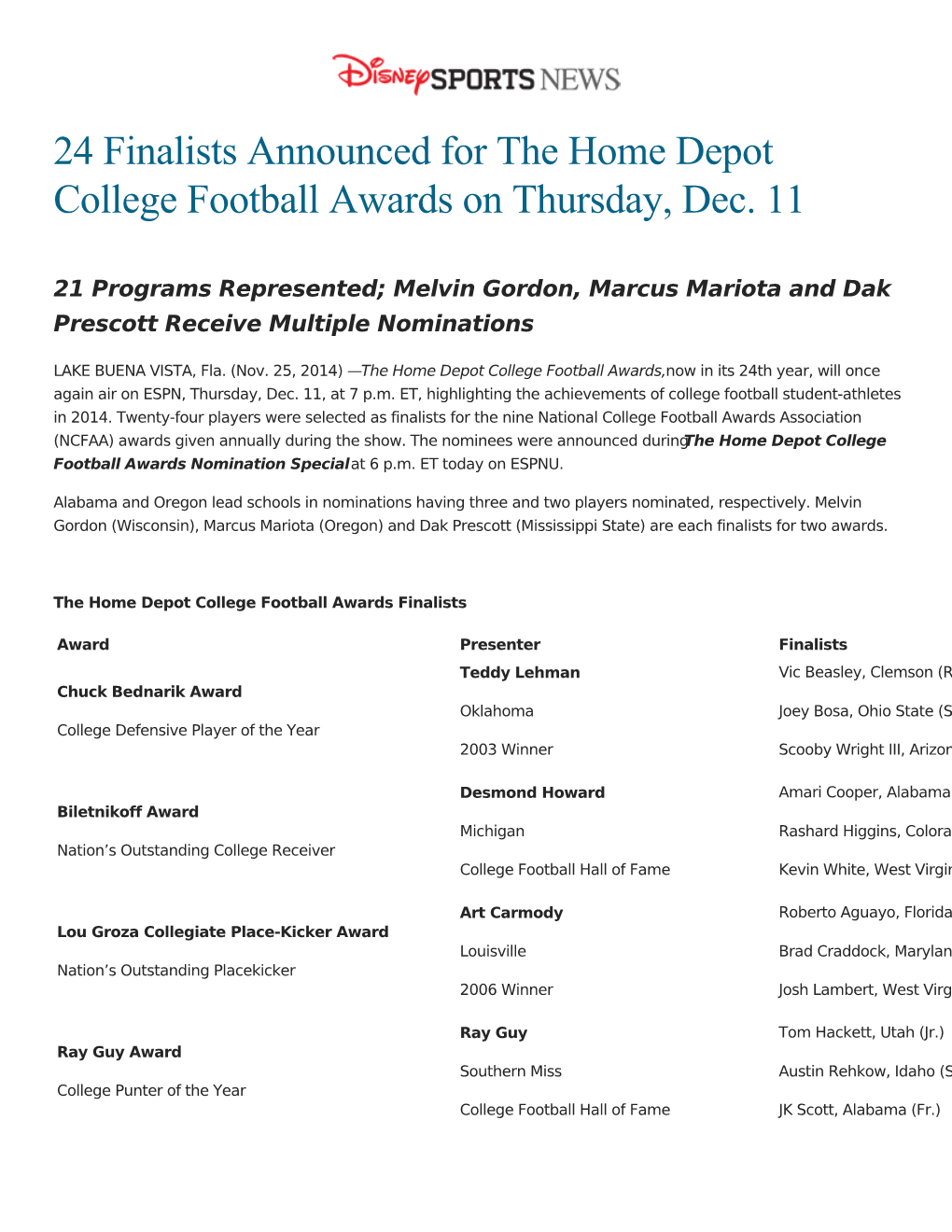 24 Finalists Announced for the Home Depot College Football Awards on Thursday, Dec