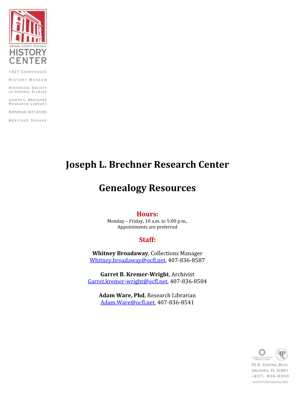 Joseph L. Brechner Research Center Genealogy Resources