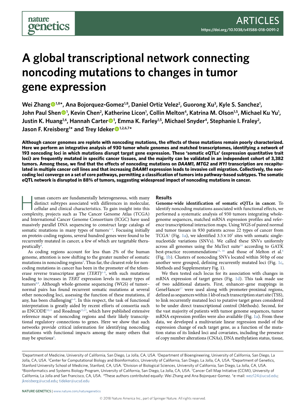 A Global Transcriptional Network Connecting Noncoding Mutations to Changes in Tumor Gene Expression