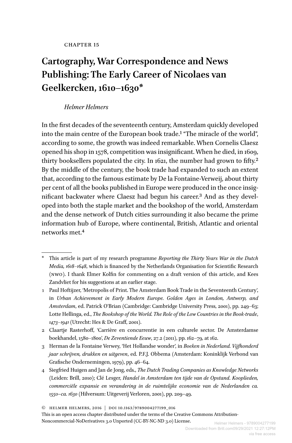 Cartography, War Correspondence and News Publishing: the Early Career of Nicolaes Van Geelkercken, 1610–1630*